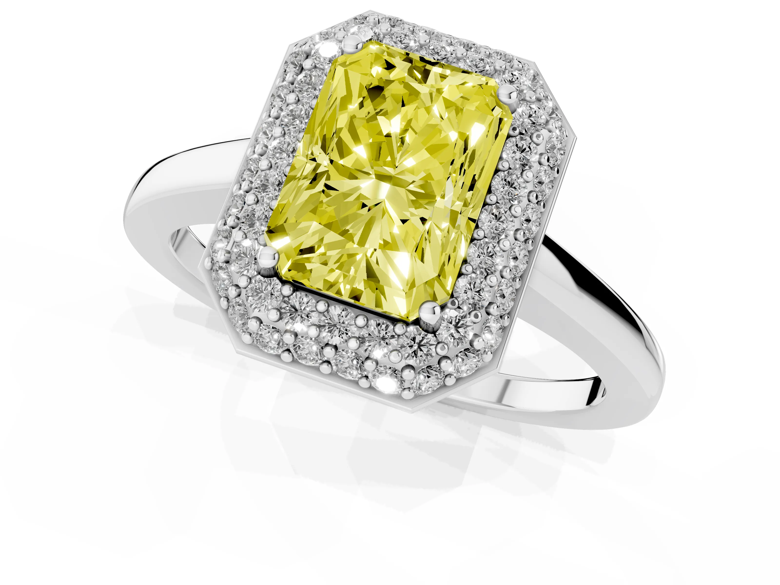 Fancy Yellow Radiant Cut Diamond Halo Engagement Ring Set in Platinum with Solitaire Band and Prong Setting