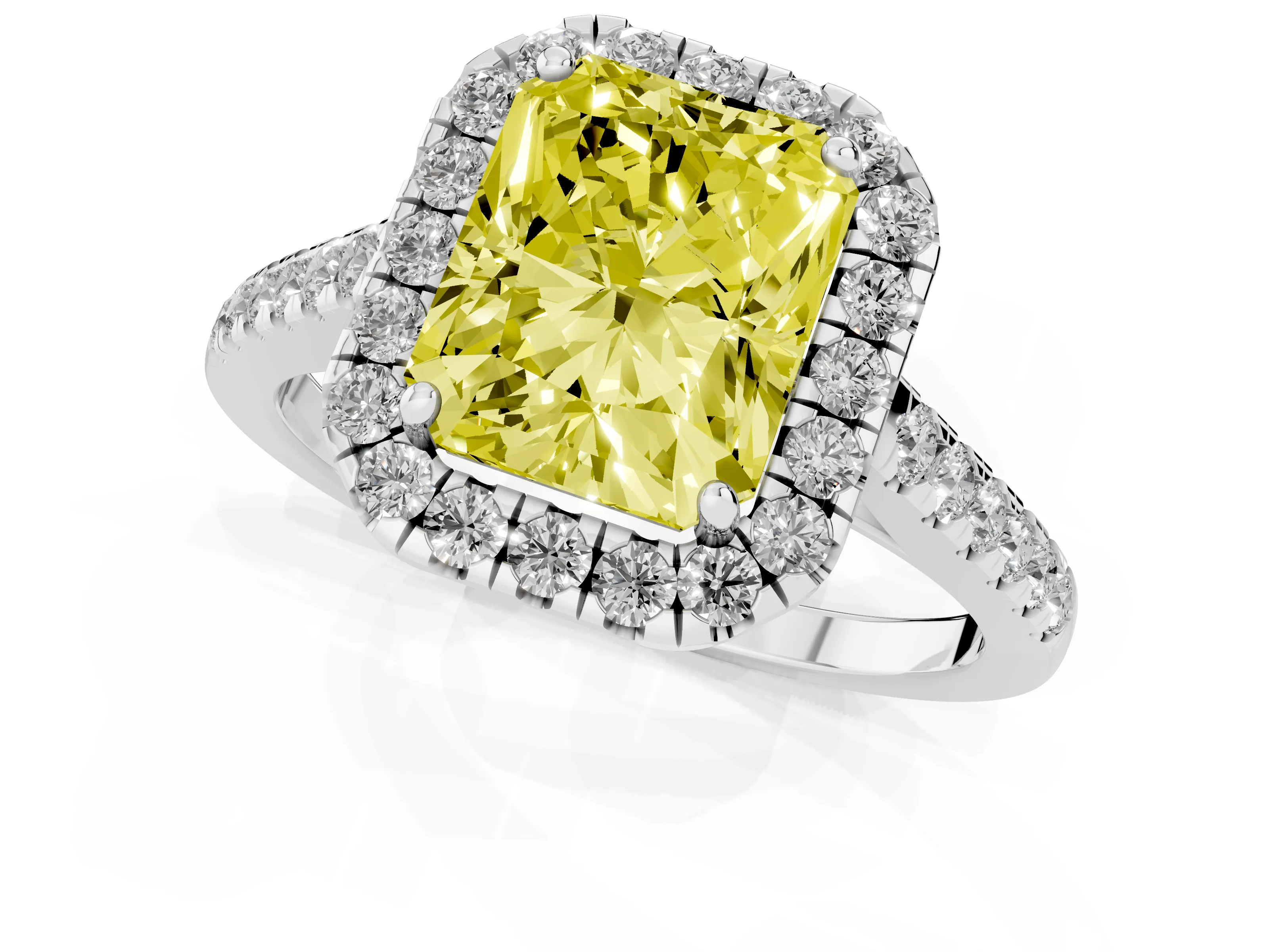 Fancy Yellow Radiant Cut Diamond Halo Pavé Engagement Ring Set in Silver with Prong Setting