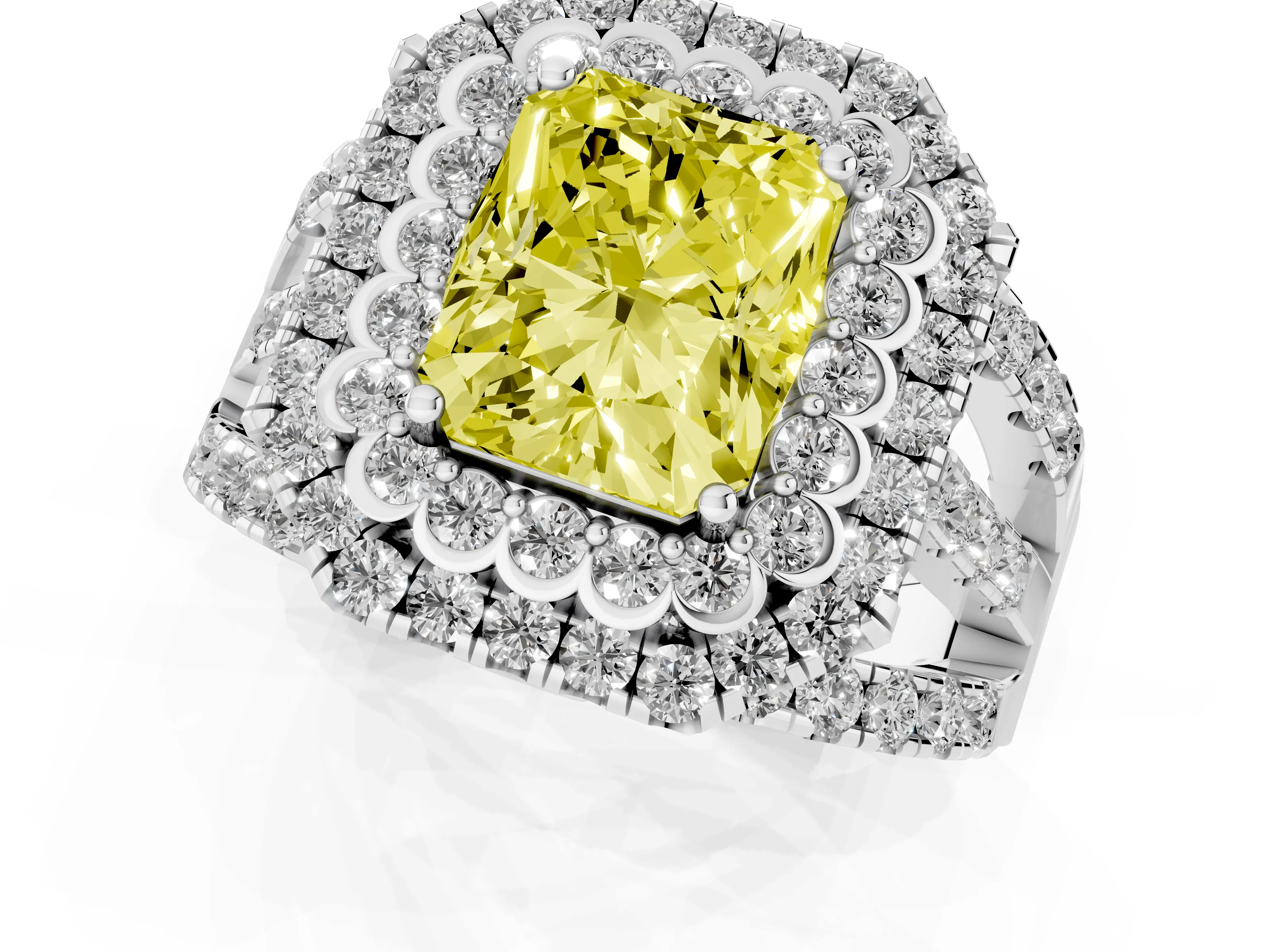 Fancy Yellow Radiant Cut Diamond Double Halo Ring Set in White gold with Round Pavé Split Shank
