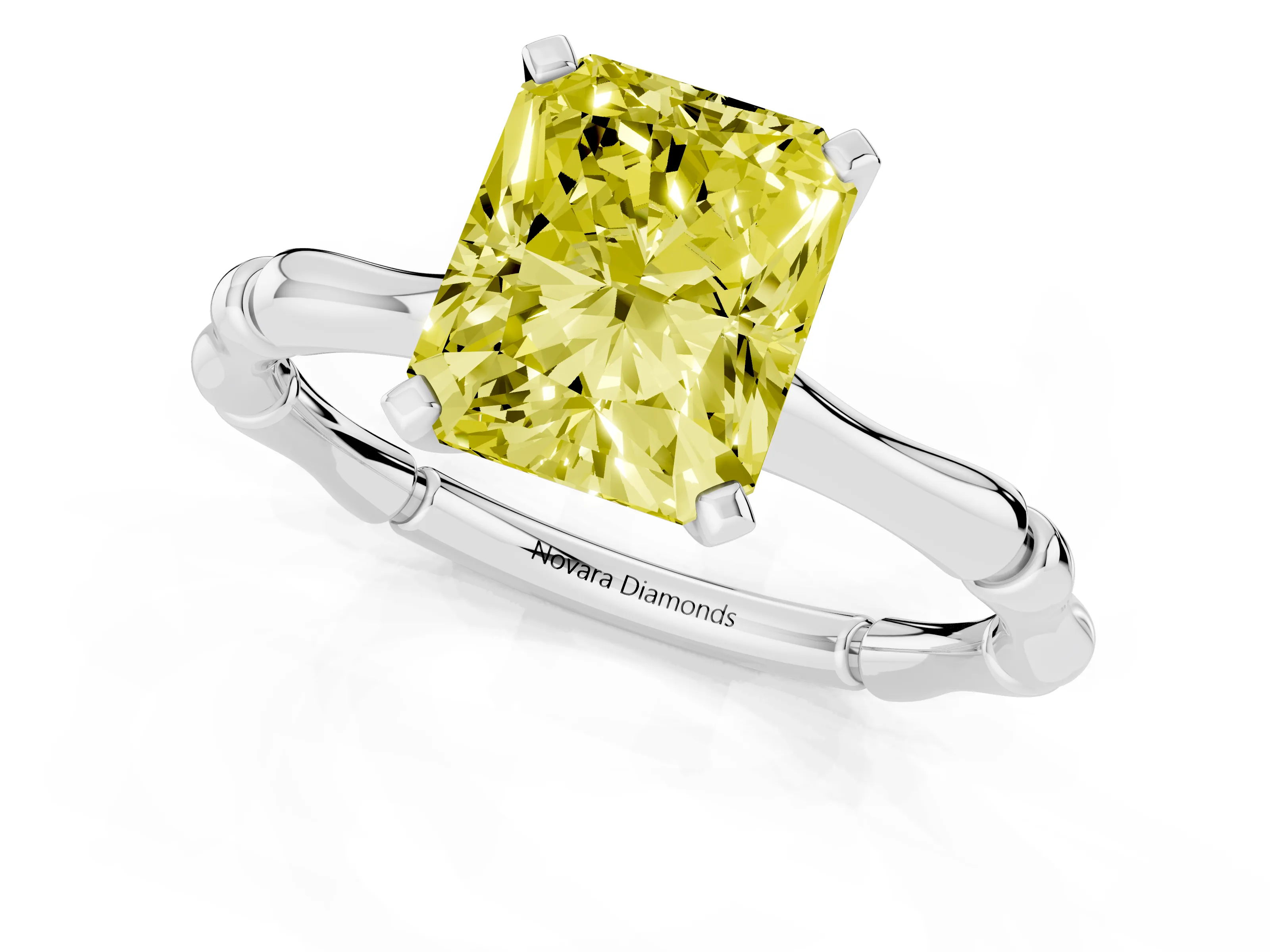 Fancy Yellow Radiant Cut Diamond Solitaire Ring Set in Silver with Bamboo Band and Prong Setting