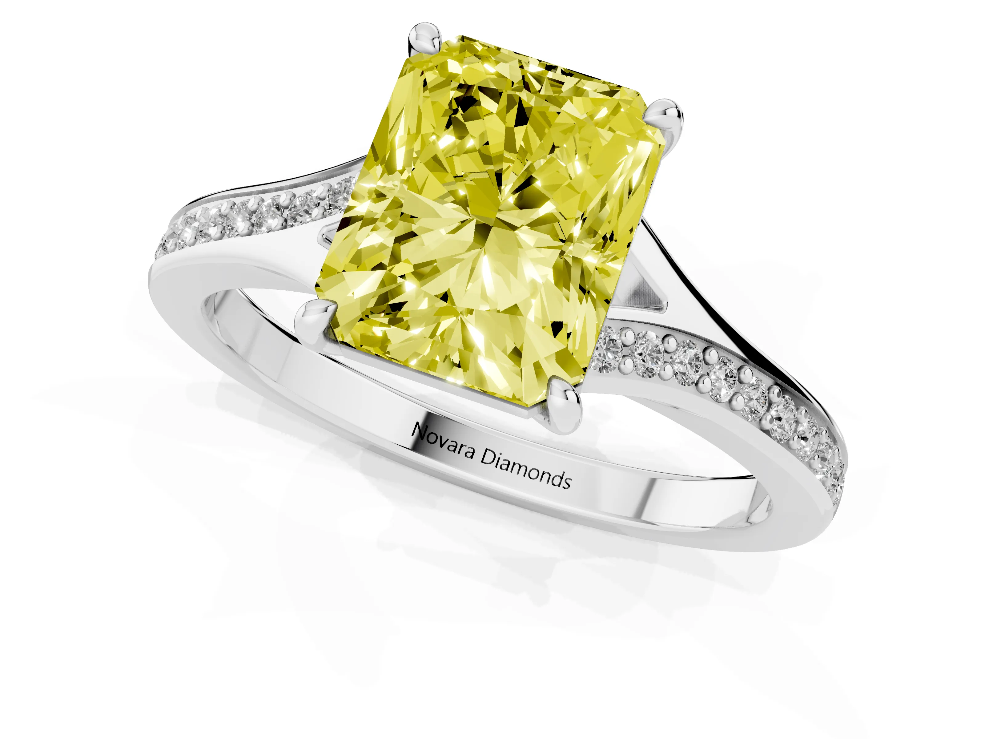 Fancy Yellow Radiant Cut Diamond Solitaire Ring Set in Platinum with Pavé Accent Band and Classic Prong Setting