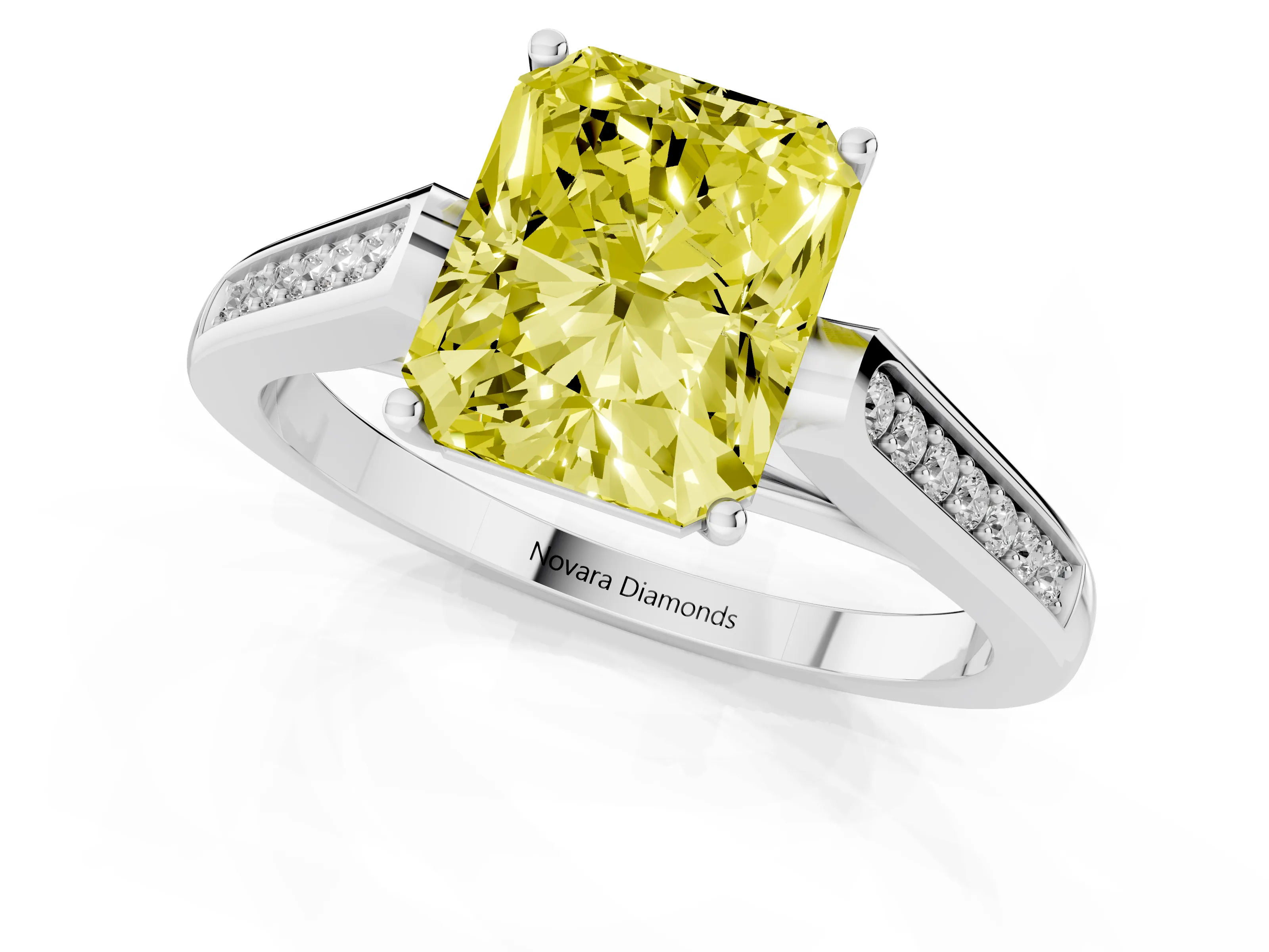 Fancy Yellow Radiant Cut Diamond Solitaire Cathedral Engagement Ring Set in Platinum with Channel-Set Band and Prong Setting
