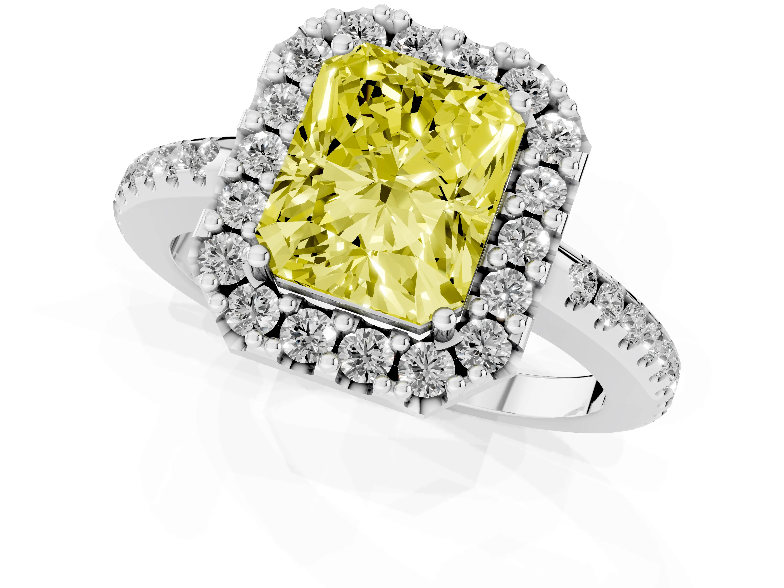 Fancy Yellow Radiant Cut Diamond Pavé Halo Ring Set in Platinum with Prong Setting