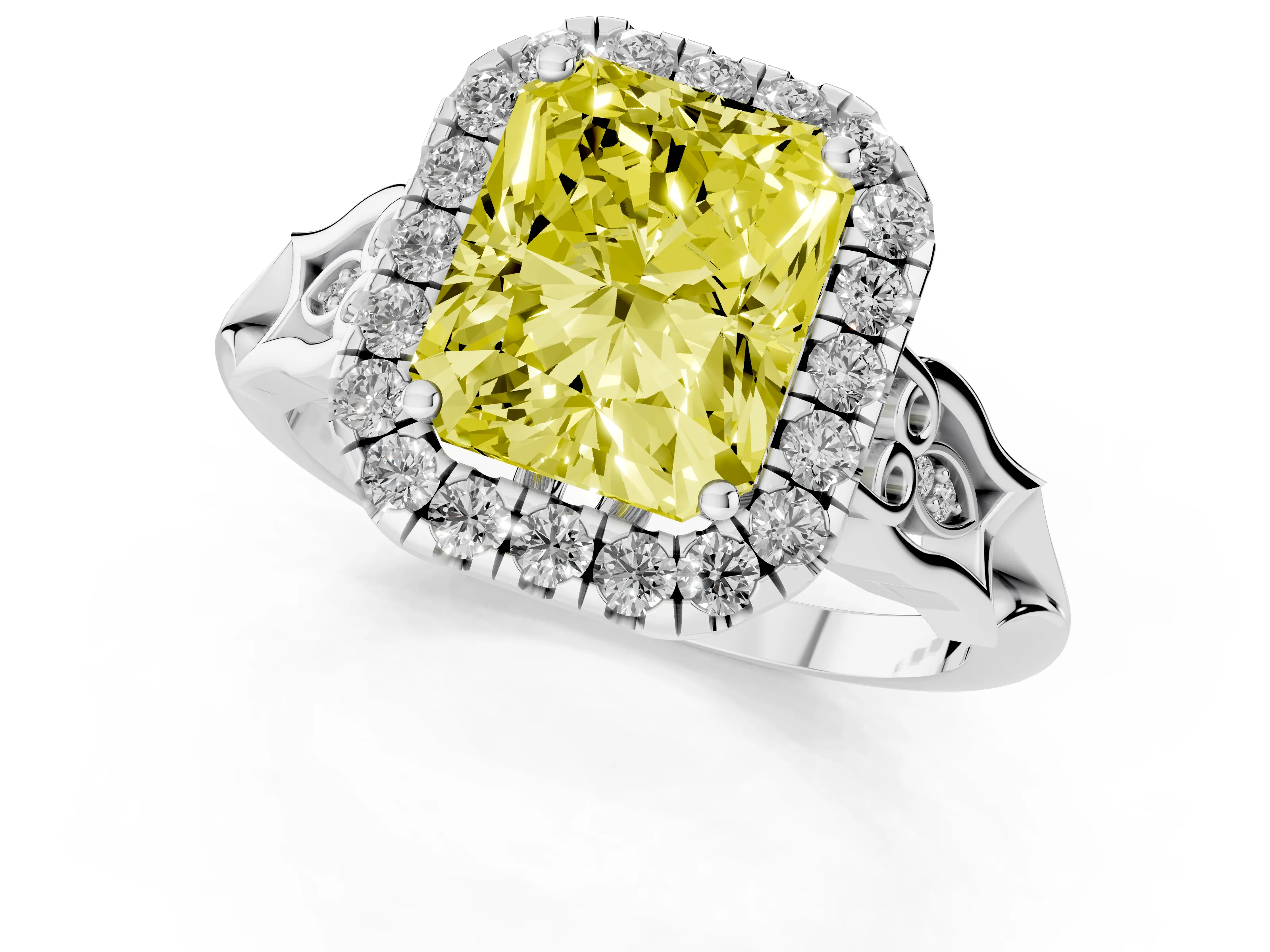 Fancy Yellow Radiant Cut Diamond Halo Engagement Ring Set in White gold with Filigree Band and Prong-Set Center
