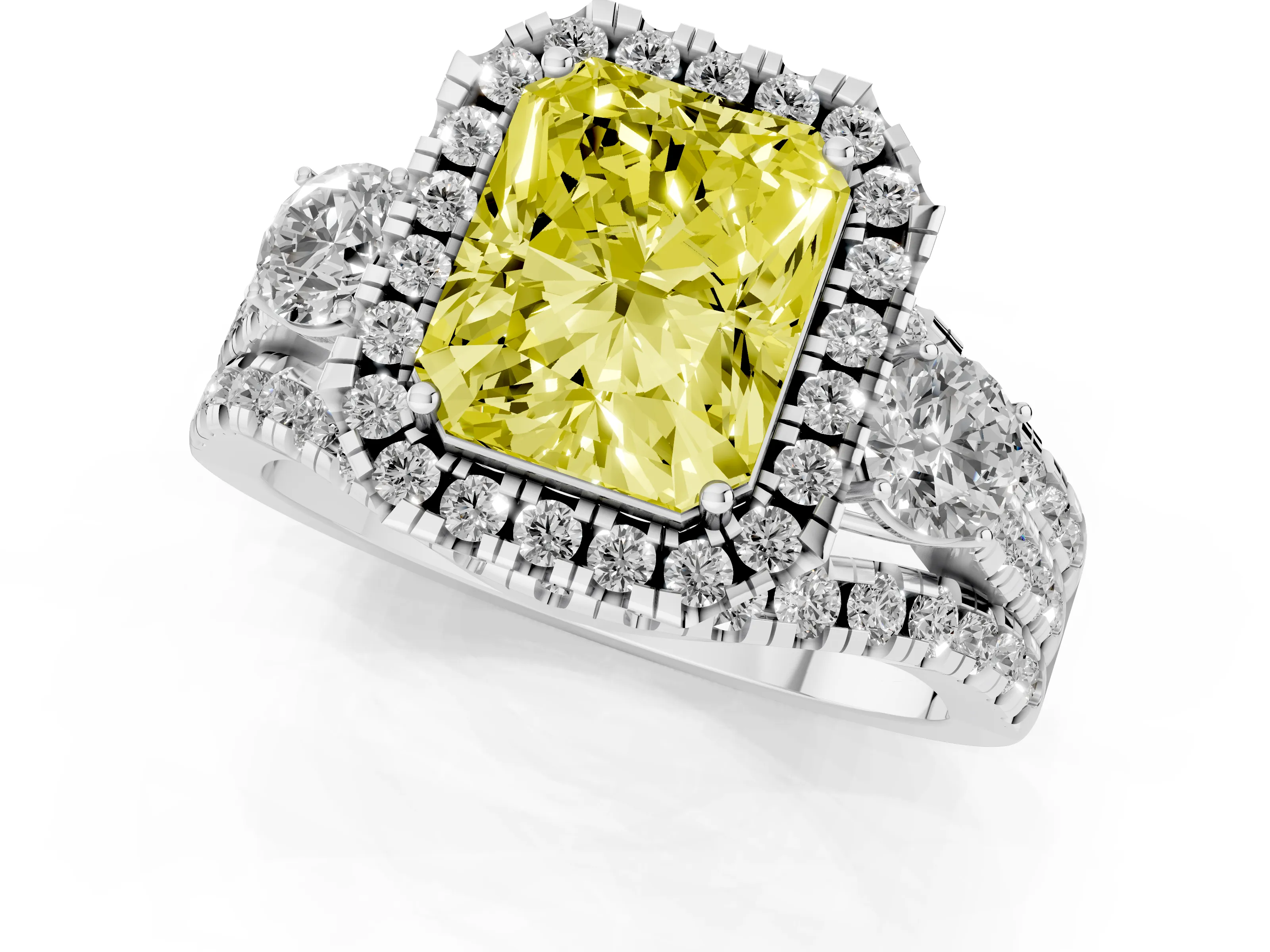 Fancy Yellow Radiant Cut Diamond Halo Split Shank Ring Set in Silver with Round Accent Stones and Prong Setting