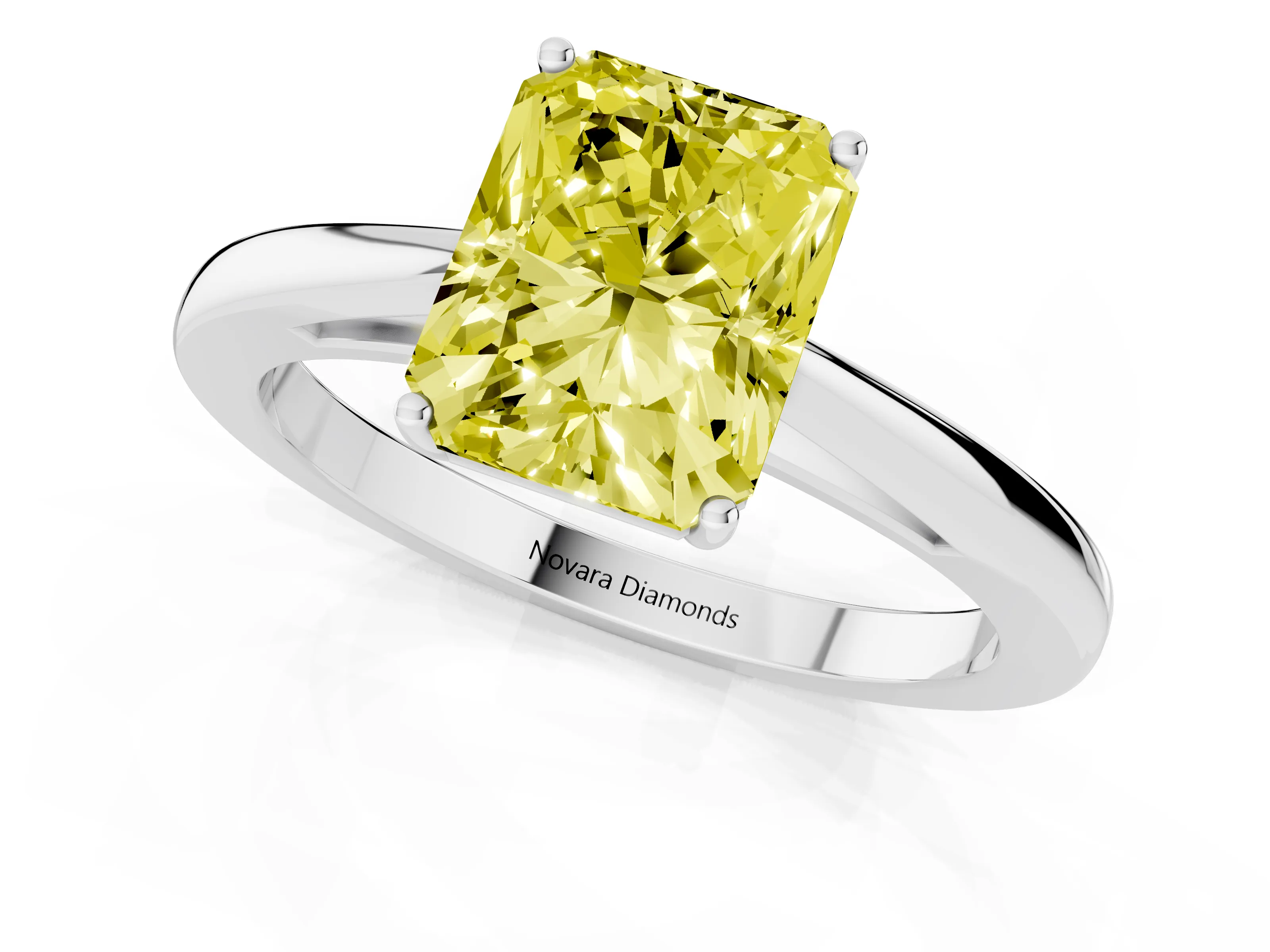 Fancy Yellow Radiant Cut Diamond Solitaire Ring Set in Silver with Split Shank and Prong Setting