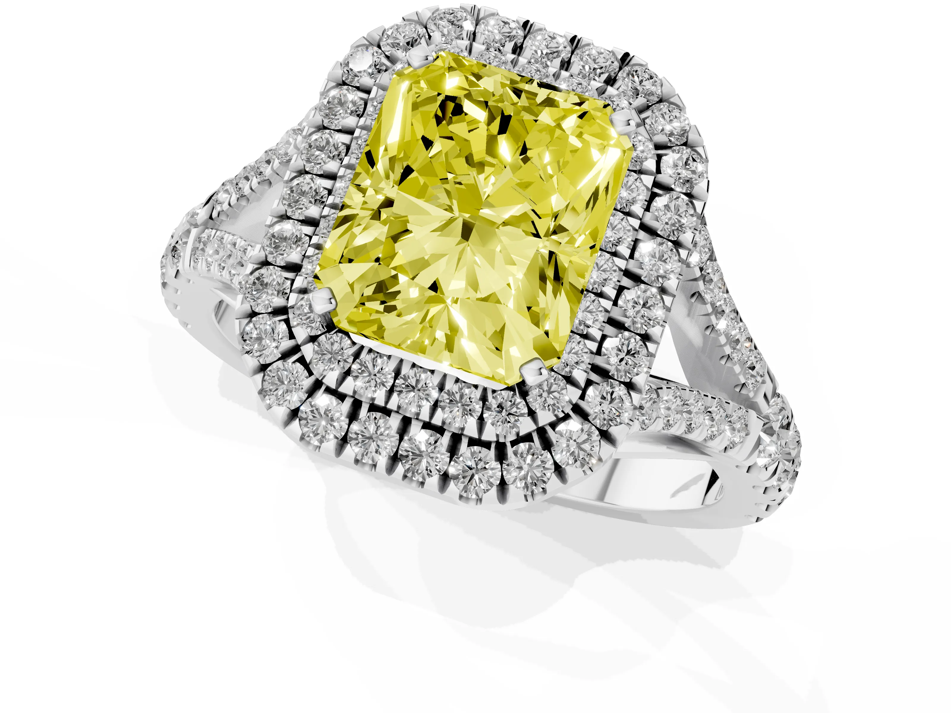 Fancy Yellow Radiant Cut Diamond Pavé Split Shank Double Halo Engagement Ring Set in Platinum