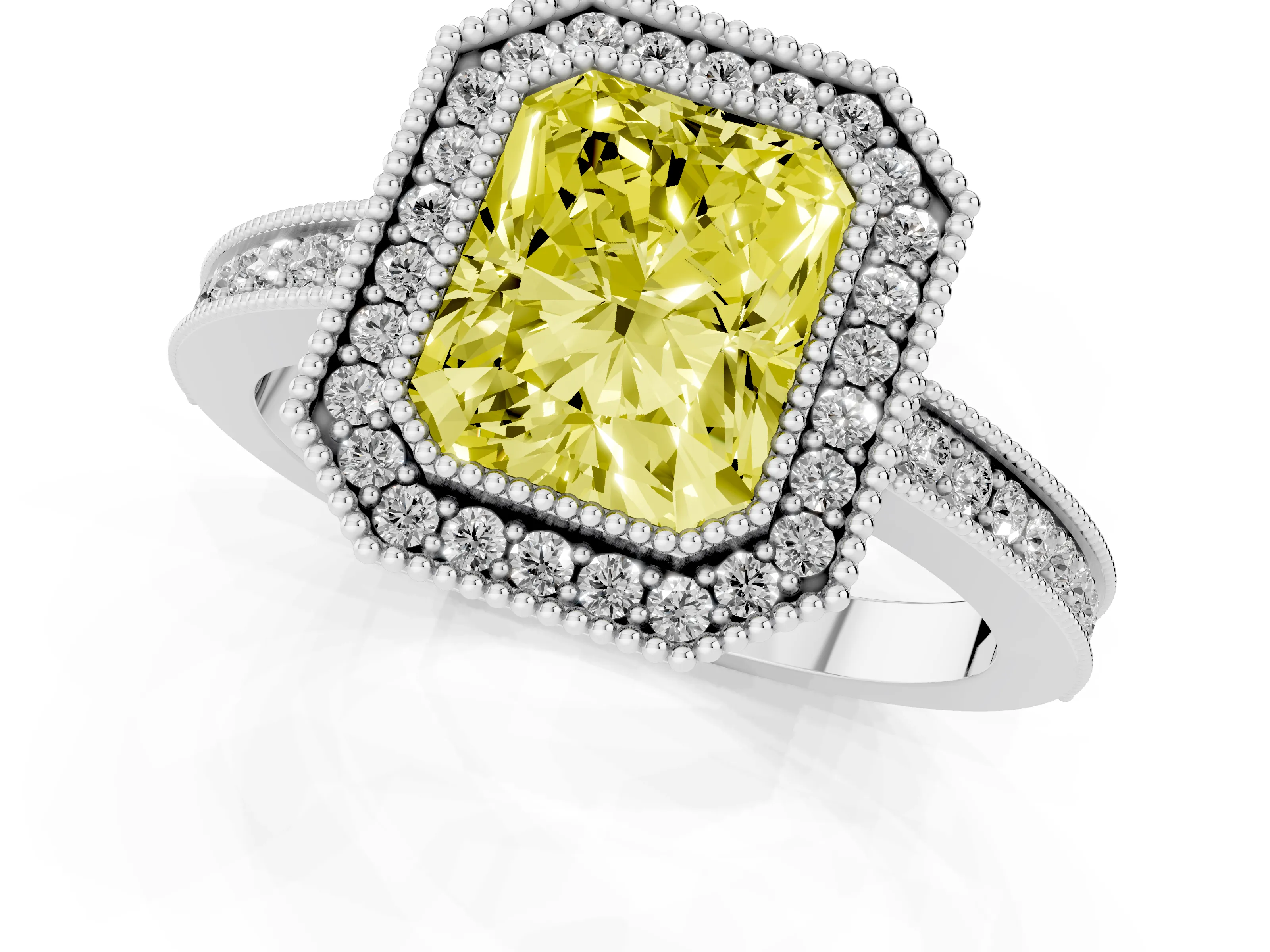 Fancy Yellow Radiant Cut Diamond Halo Ring Set in White gold with Pavé Band and Milgrain-Edged Prongs