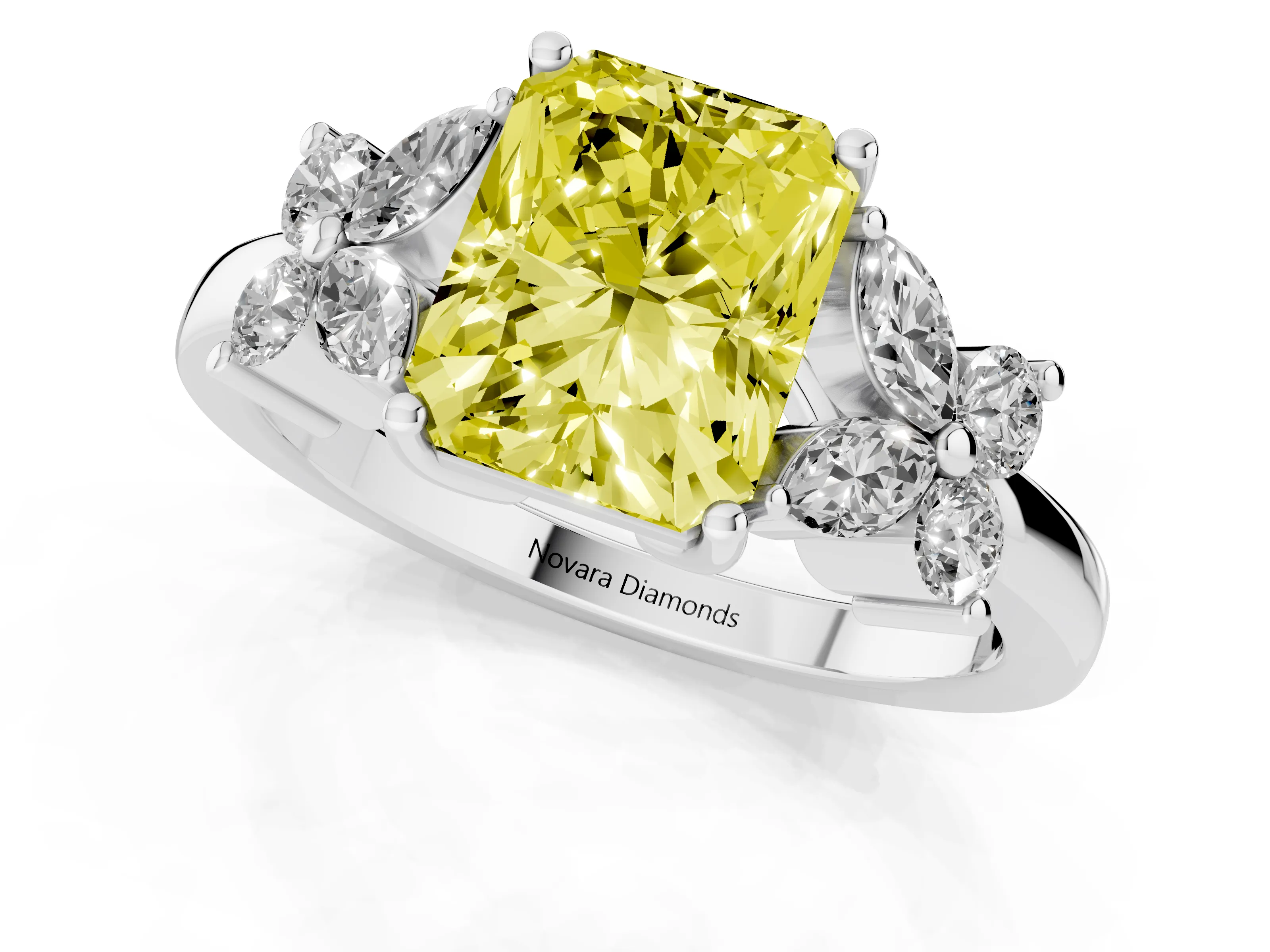 Fancy Yellow Radiant Cut Diamond Floral Cluster Ring Set in White gold with Marquise Petals and Prong Setting
