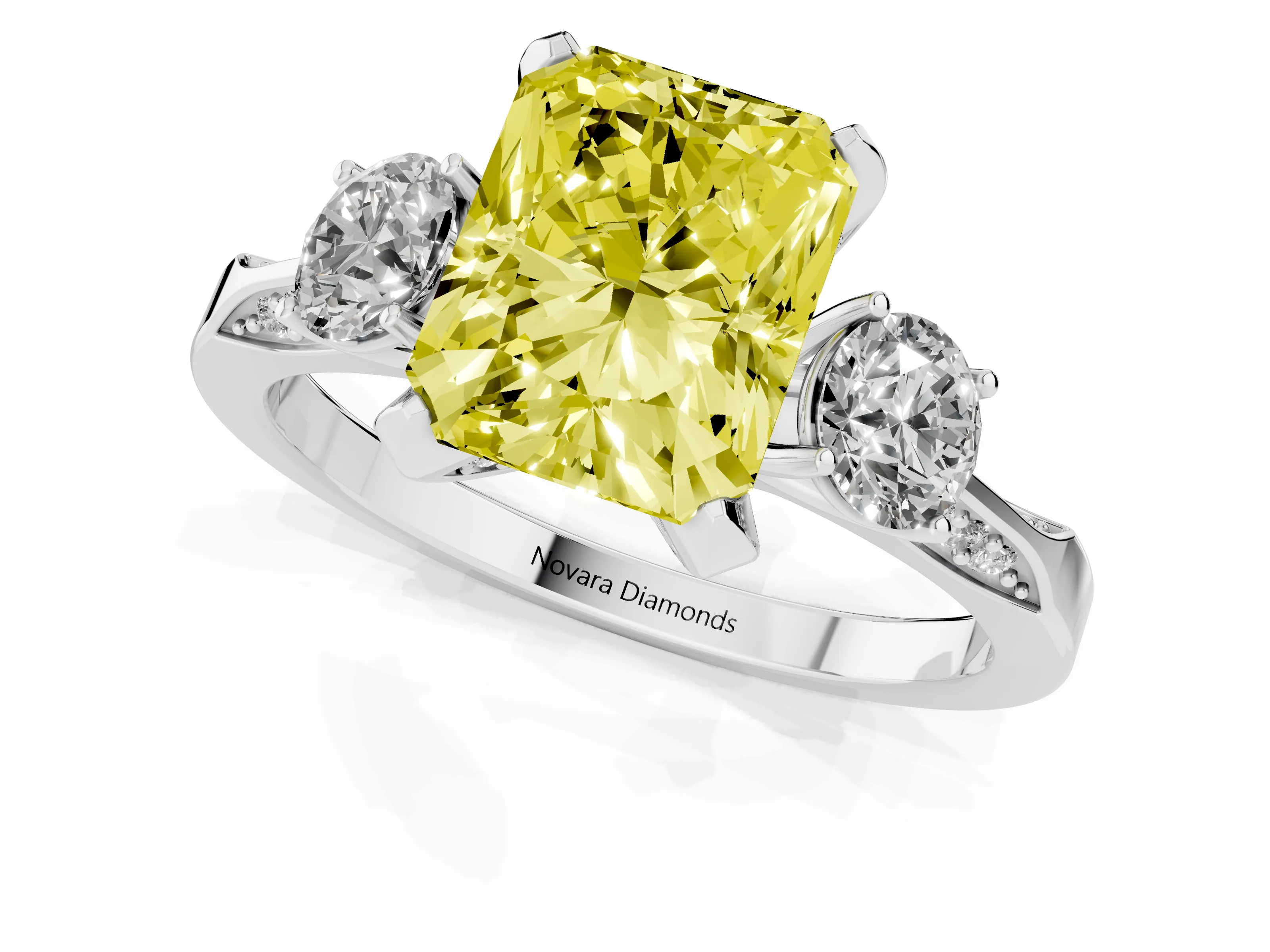 Fancy Yellow Radiant Cut Diamond Three-Stone Ring Set in White gold with Pavé Band and Smaller Side Stones