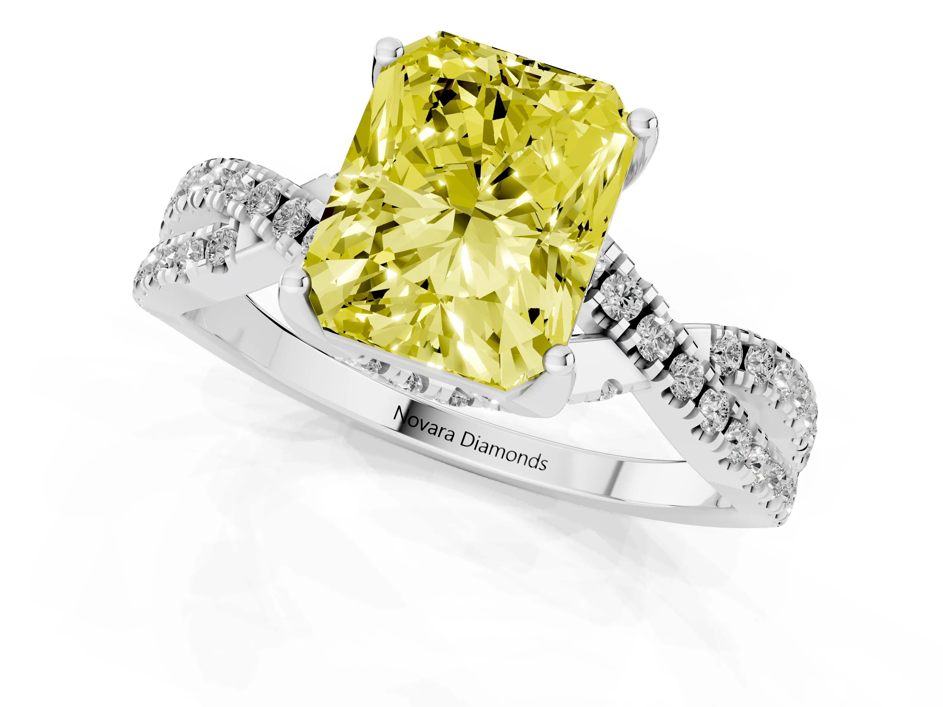 Fancy Yellow Radiant Cut Diamond Twist Pavé Solitaire Engagement Ring Set in Silver with Prong Setting