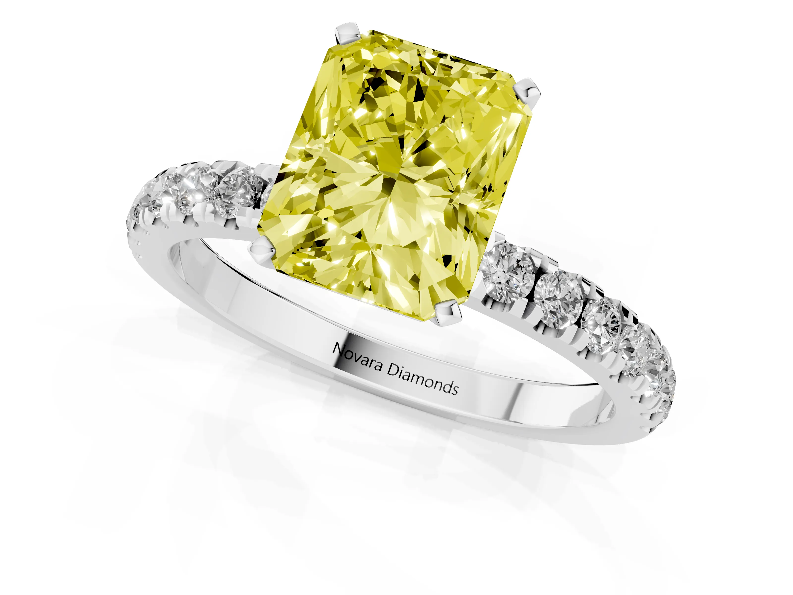 Fancy Yellow Radiant Cut Diamond Solitaire Ring Set in Silver with Pavé Accents and Prong Setting