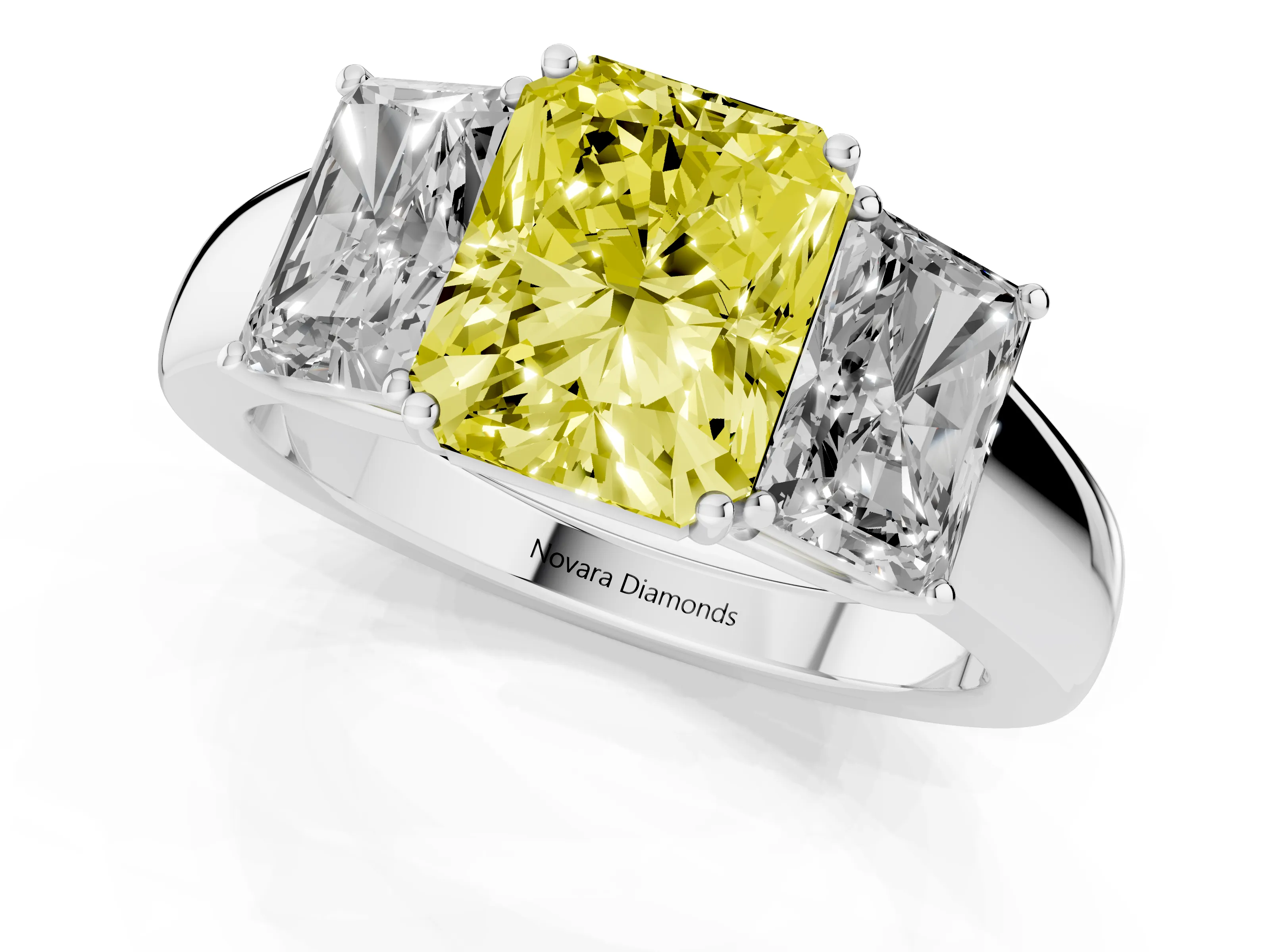 Fancy Yellow Three-Stone Radiant Cut Diamond Ring Set in Silver with Matching Prong Settings and Plain Band