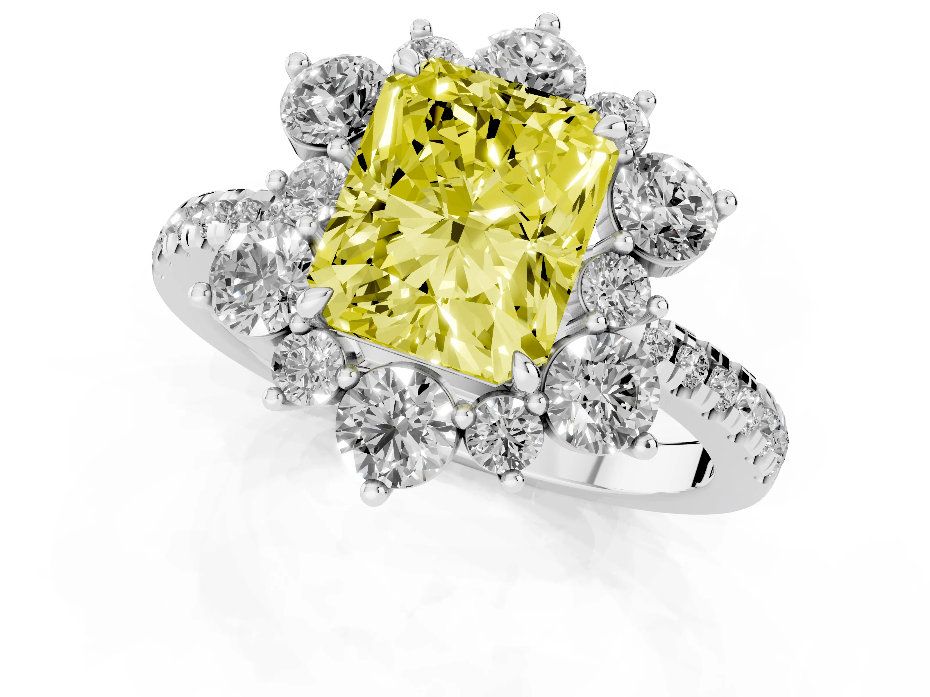 Fancy Yellow Radiant Cut Diamond Floral Halo Ring Set in White gold with Round Pavé Band and Prong Setting