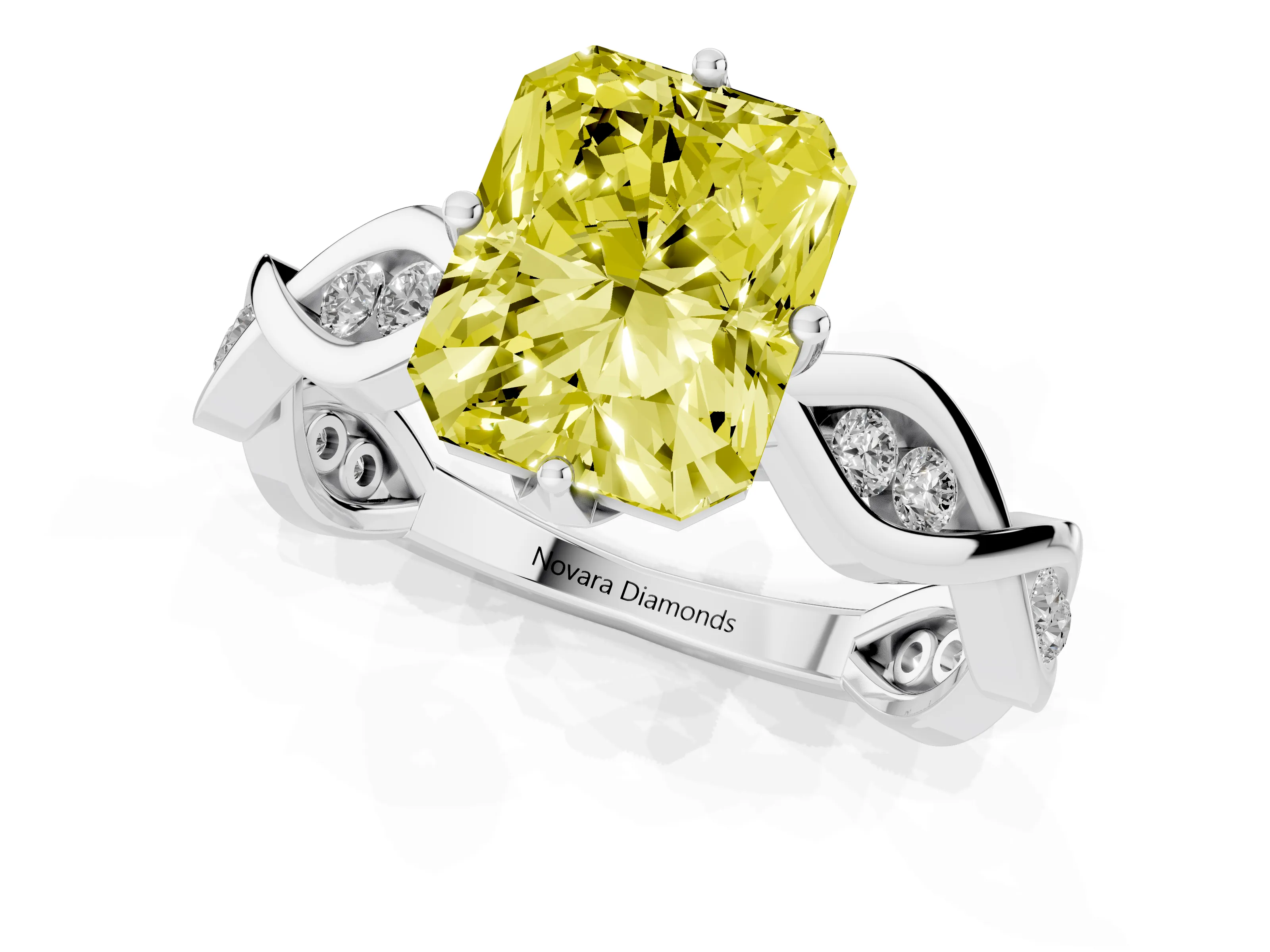 Fancy Yellow Radiant Cut Diamond Twist Band Solitaire Ring Set in Platinum with Leaf Prong Setting and Accent Stones