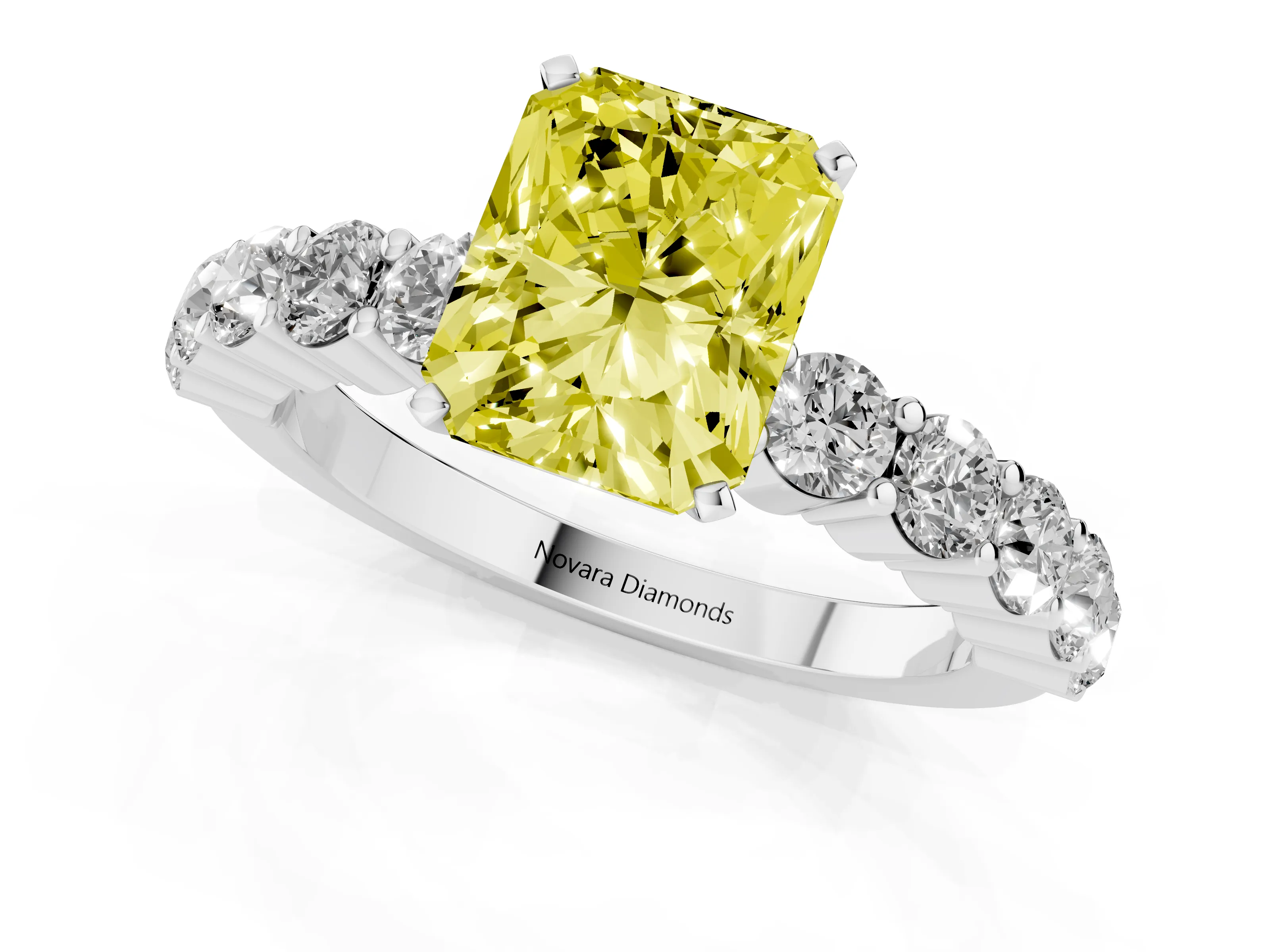 Fancy Yellow Radiant Cut Diamond Solitaire Ring Set in Platinum with Shared Prong Round Side Stones