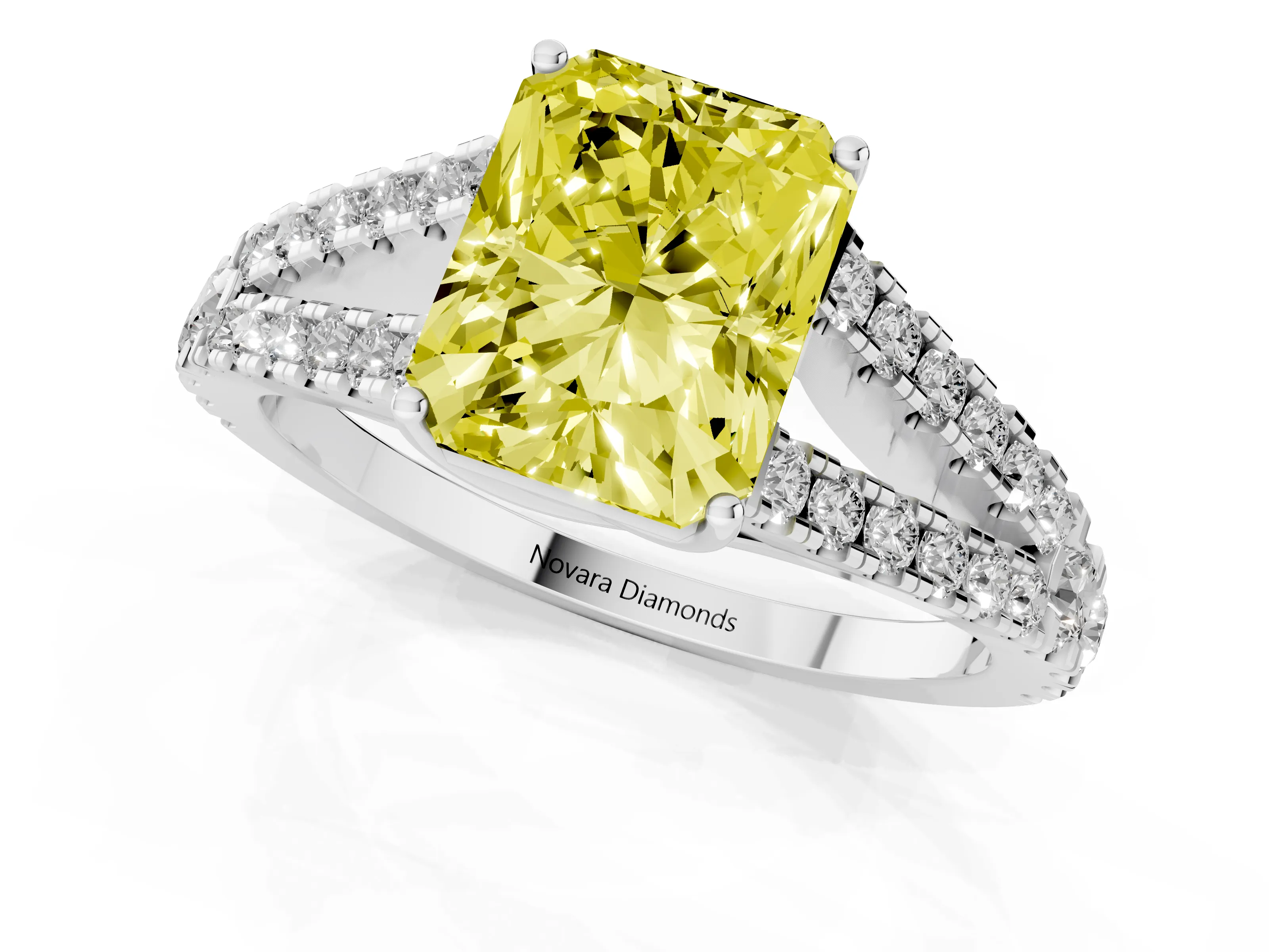 Fancy Yellow Radiant Cut Diamond Split Shank Pavé Engagement Ring Set in Platinum with Prong-Held Center Stone
