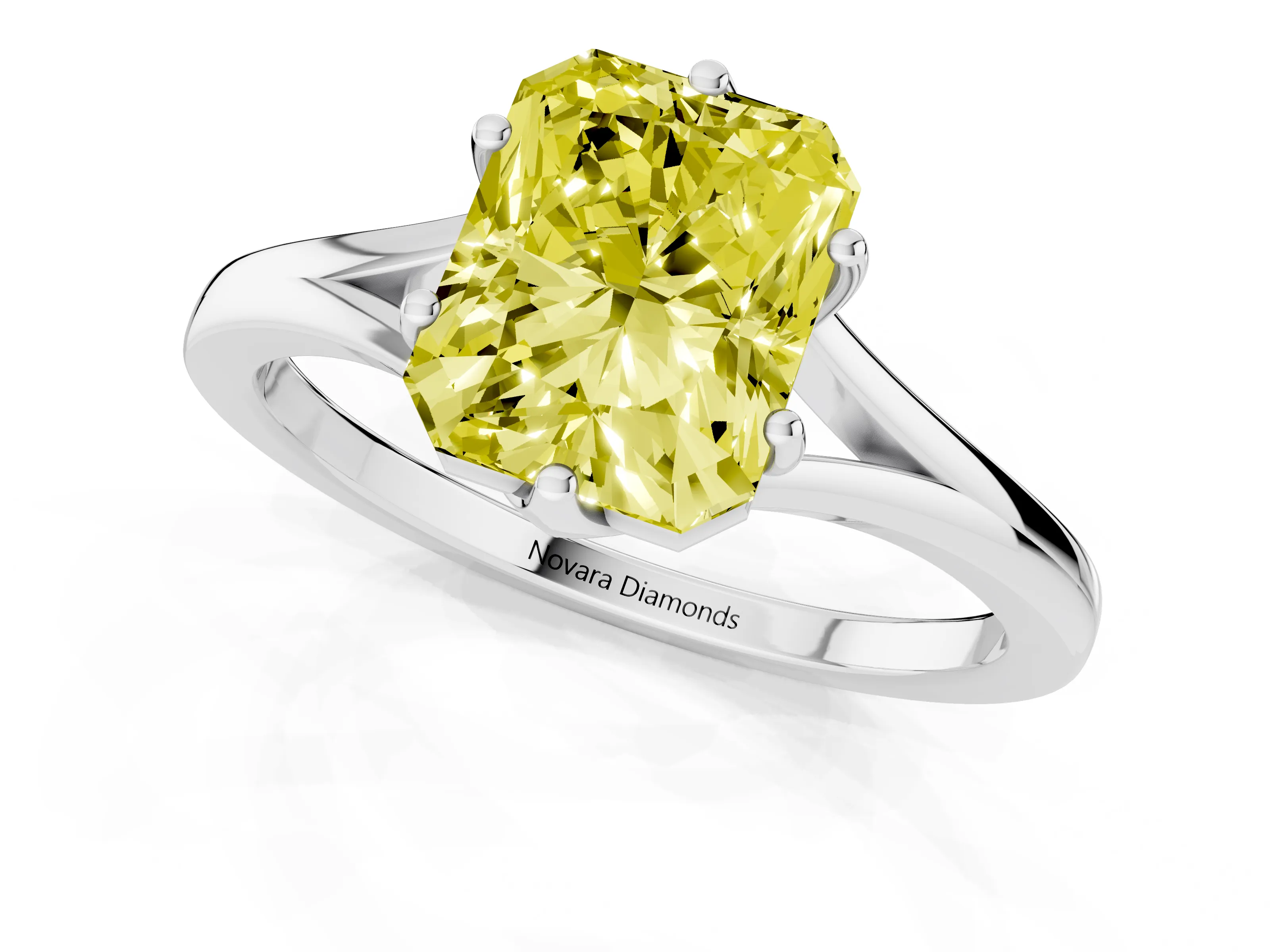 Fancy Yellow Radiant Cut Diamond Solitaire Ring Set in Platinum with Polished Tapered Band and Prong Setting