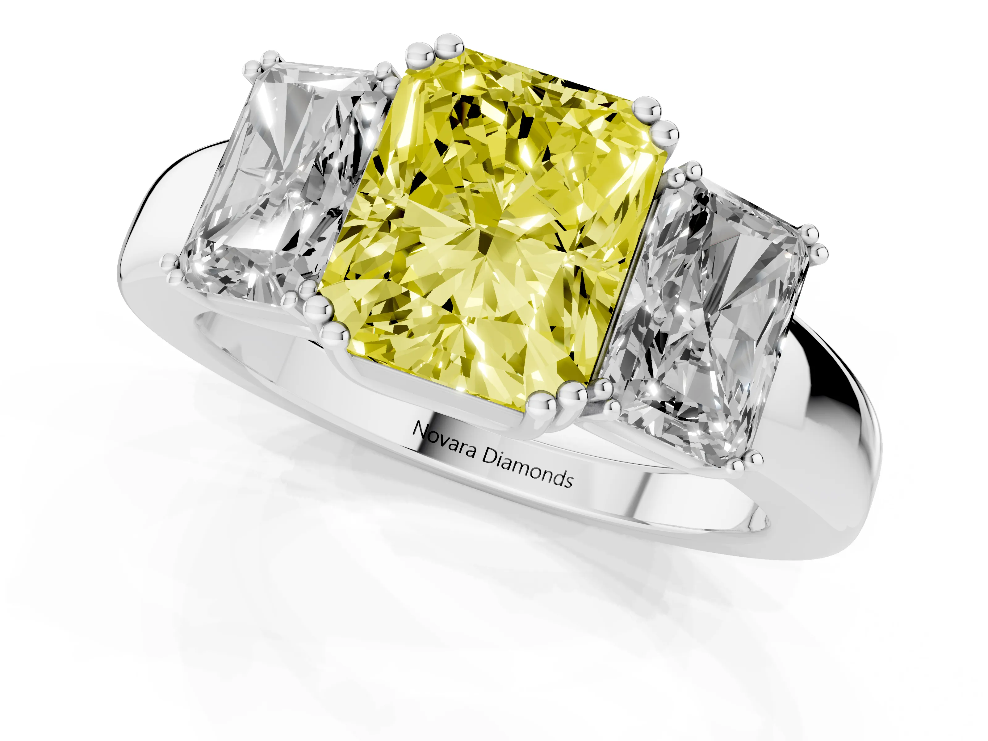 Fancy Yellow Radiant Cut Diamond Three-Stone Ring Set in Platinum with Polished Channel-Set Band