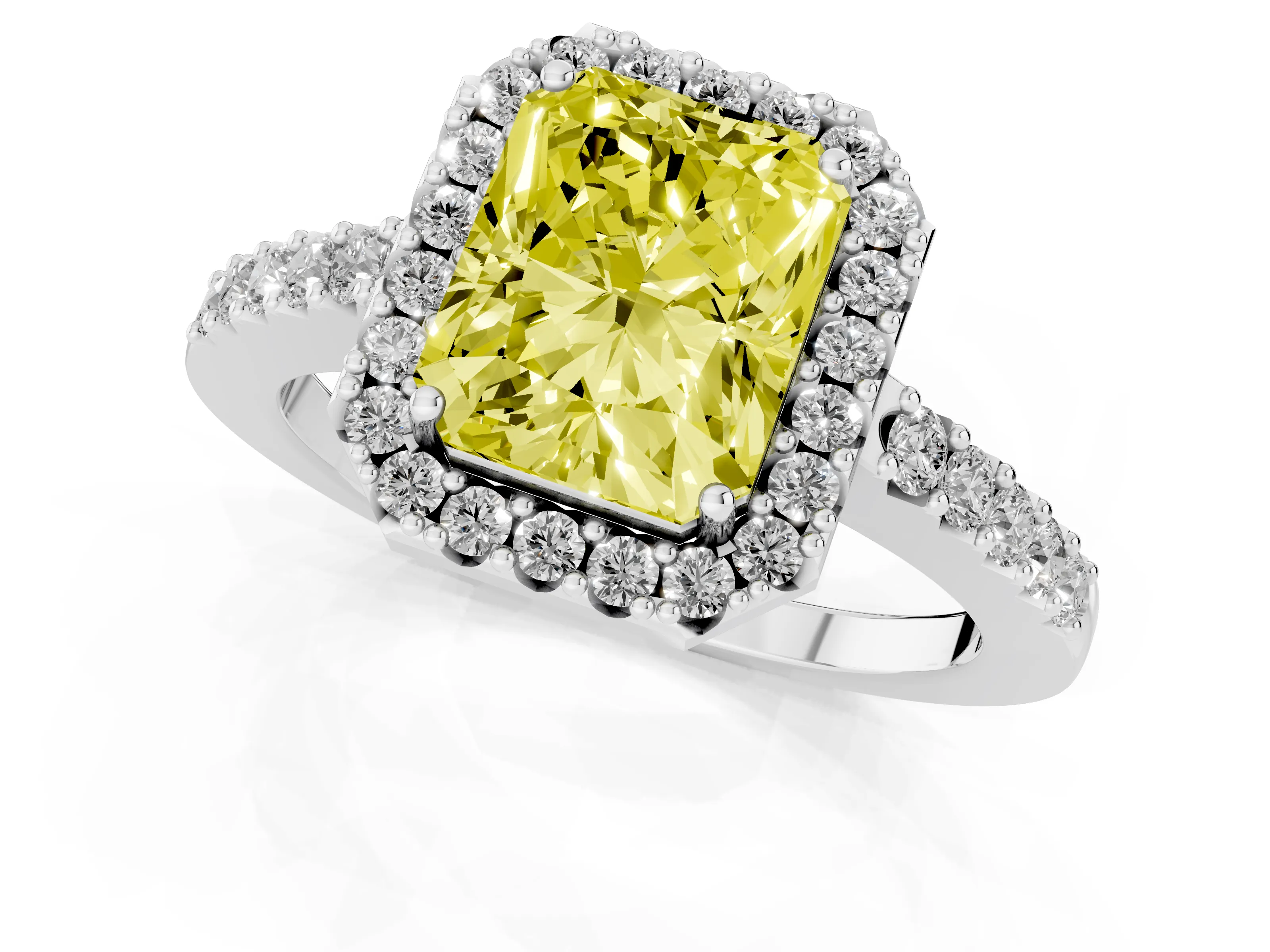 Fancy Yellow Radiant Cut Diamond Halo Pavé Solitaire Ring Set in Platinum with Prong-Set Center Stone