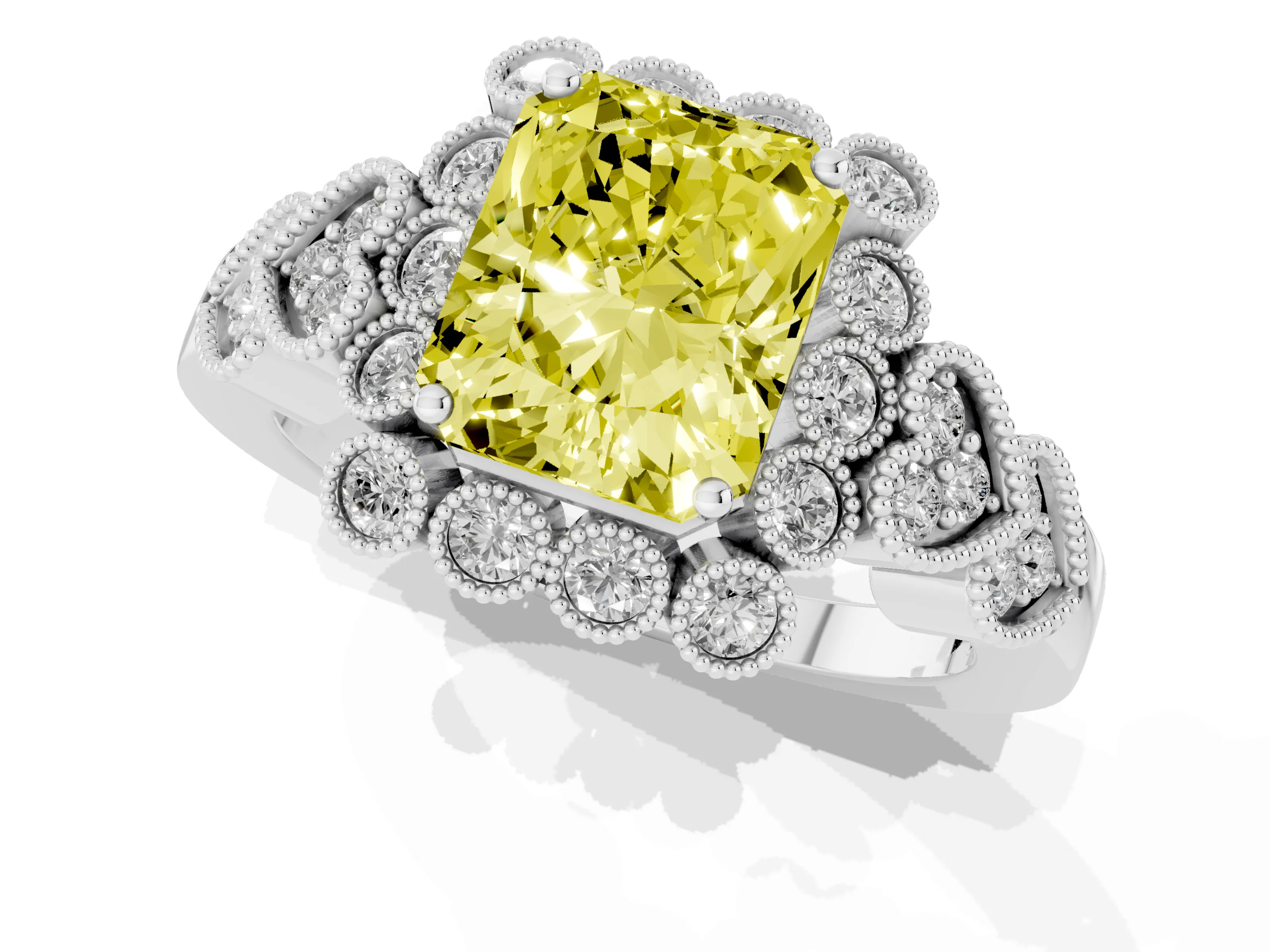 Fancy Yellow Radiant Cut Diamond Solitaire Ring Set in Platinum with Milgrain Pavé Heart Band