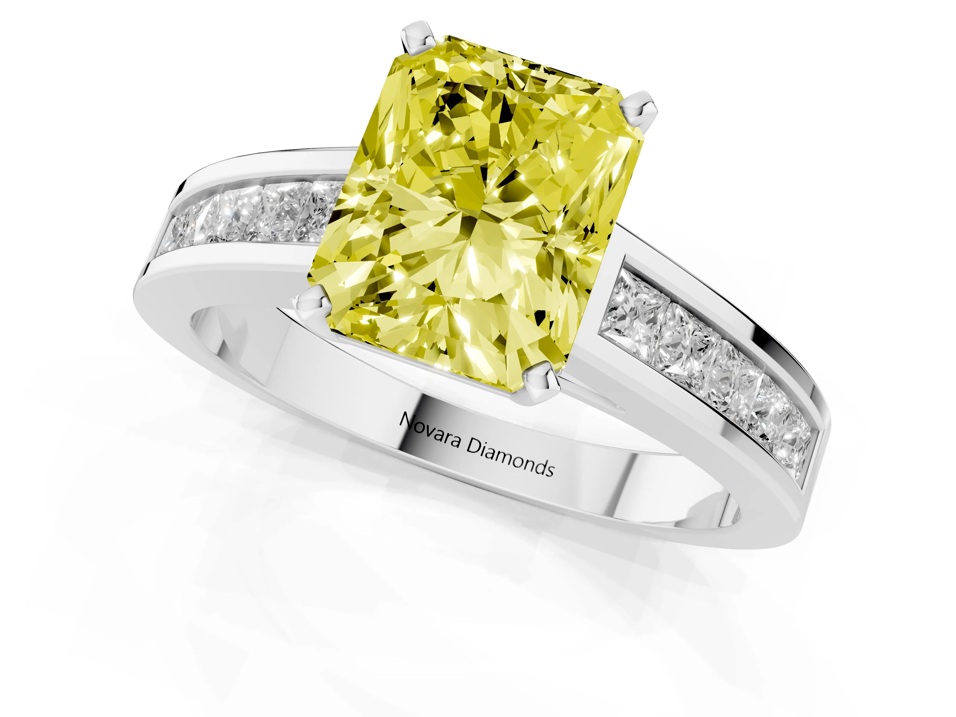 Fancy Yellow Radiant Cut Diamond Solitaire Ring Set in White gold with Channel-Set Band and Prong Setting
