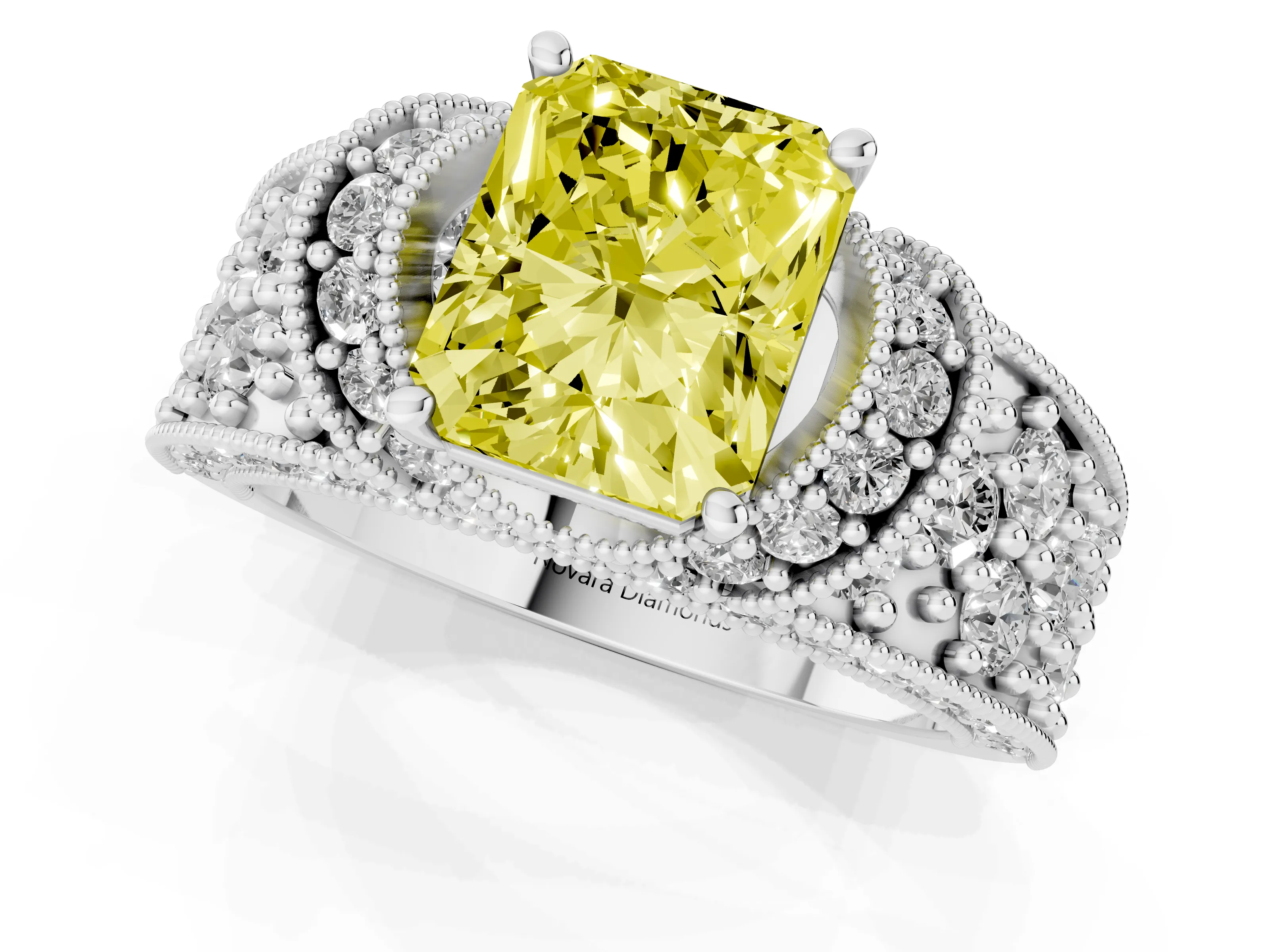 Fancy Yellow Radiant Cut Diamond Milgrain Halo Pavé Engagement Ring Set in White gold with Prong Setting