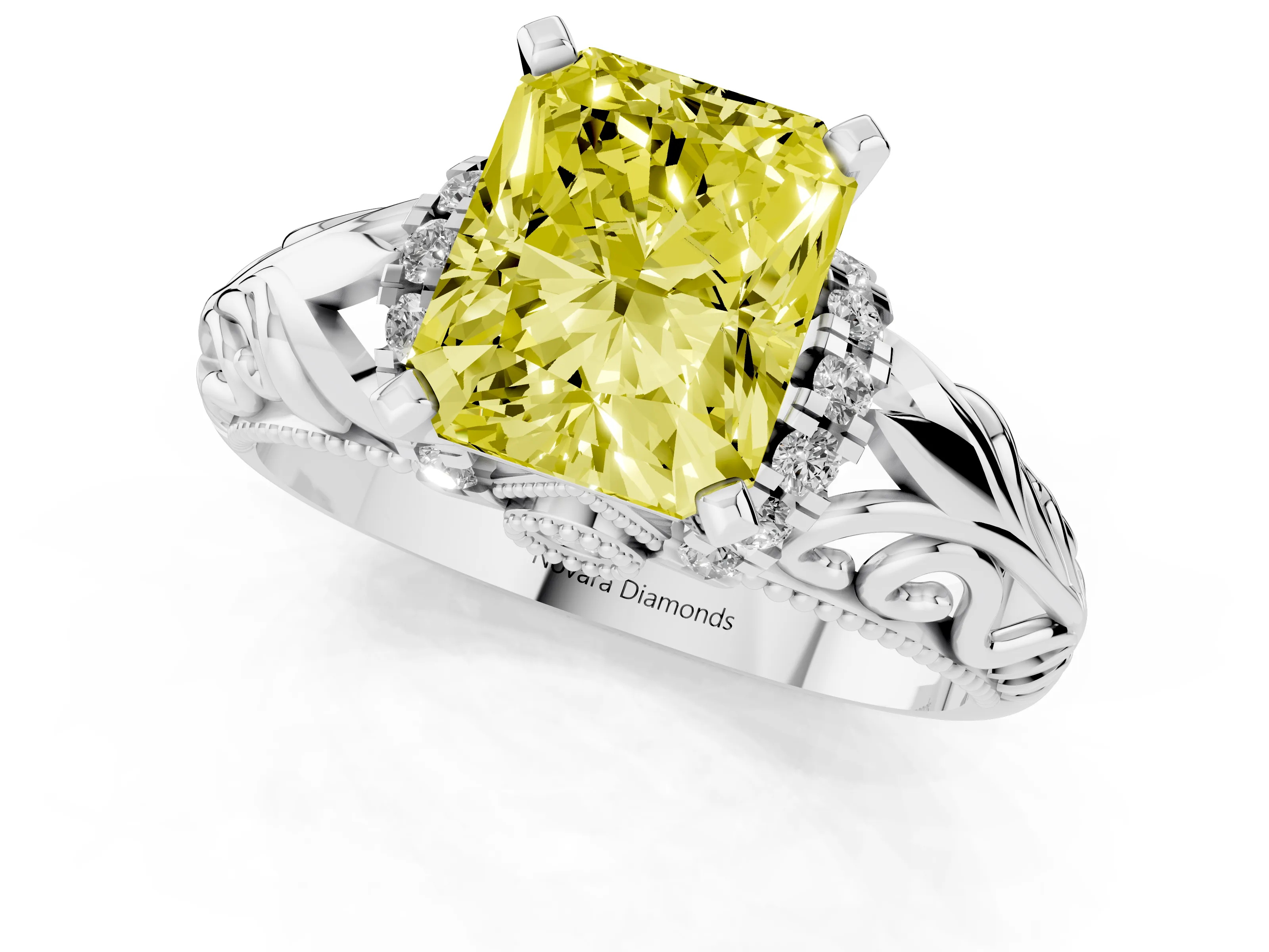 Fancy Yellow Radiant Cut Diamond Filigree Halo Engagement Ring Set in White gold with Prong Setting