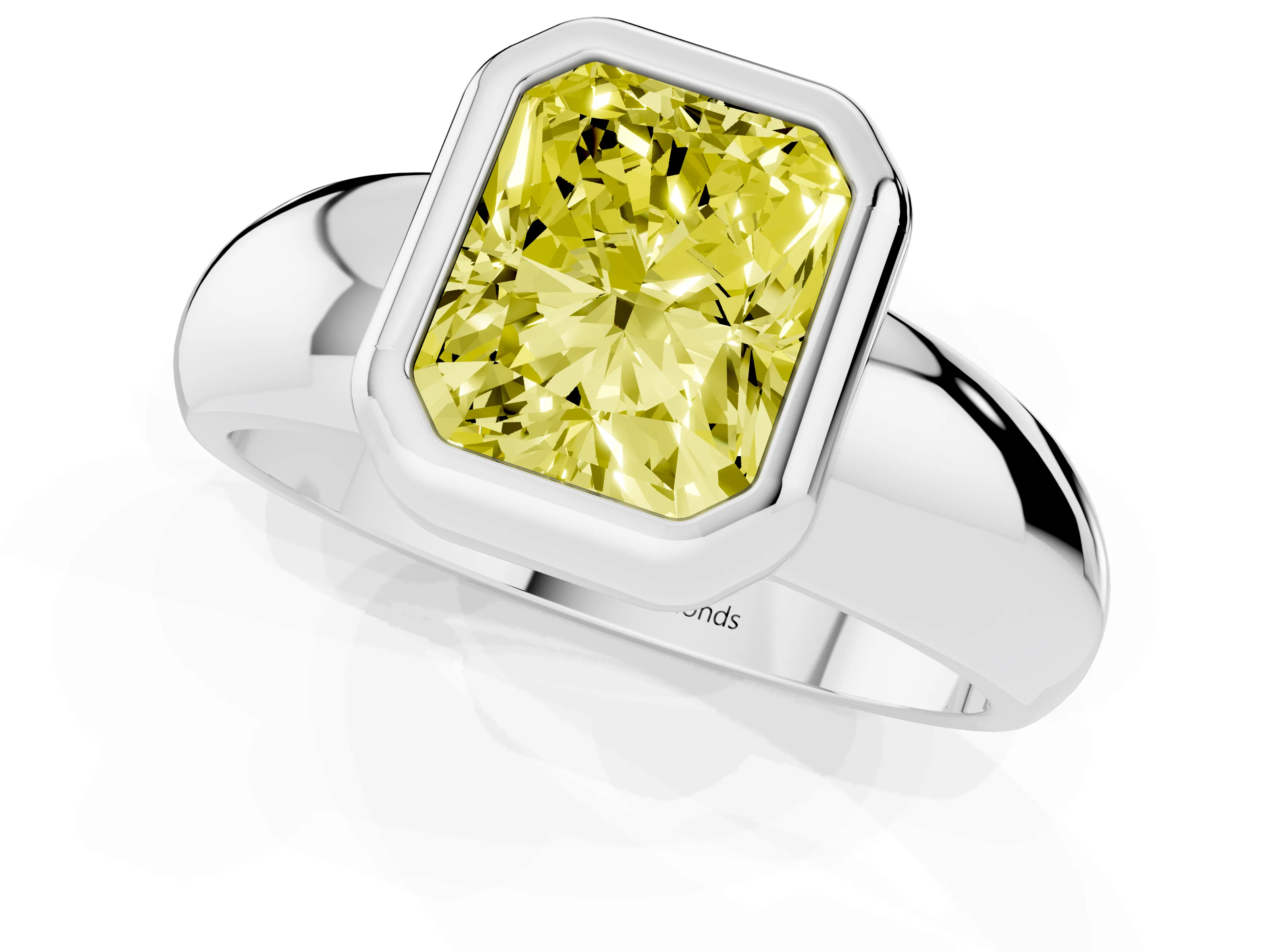 Fancy Yellow Bezel Set Radiant Cut Diamond Solitaire Ring Set in White gold with Wide Band