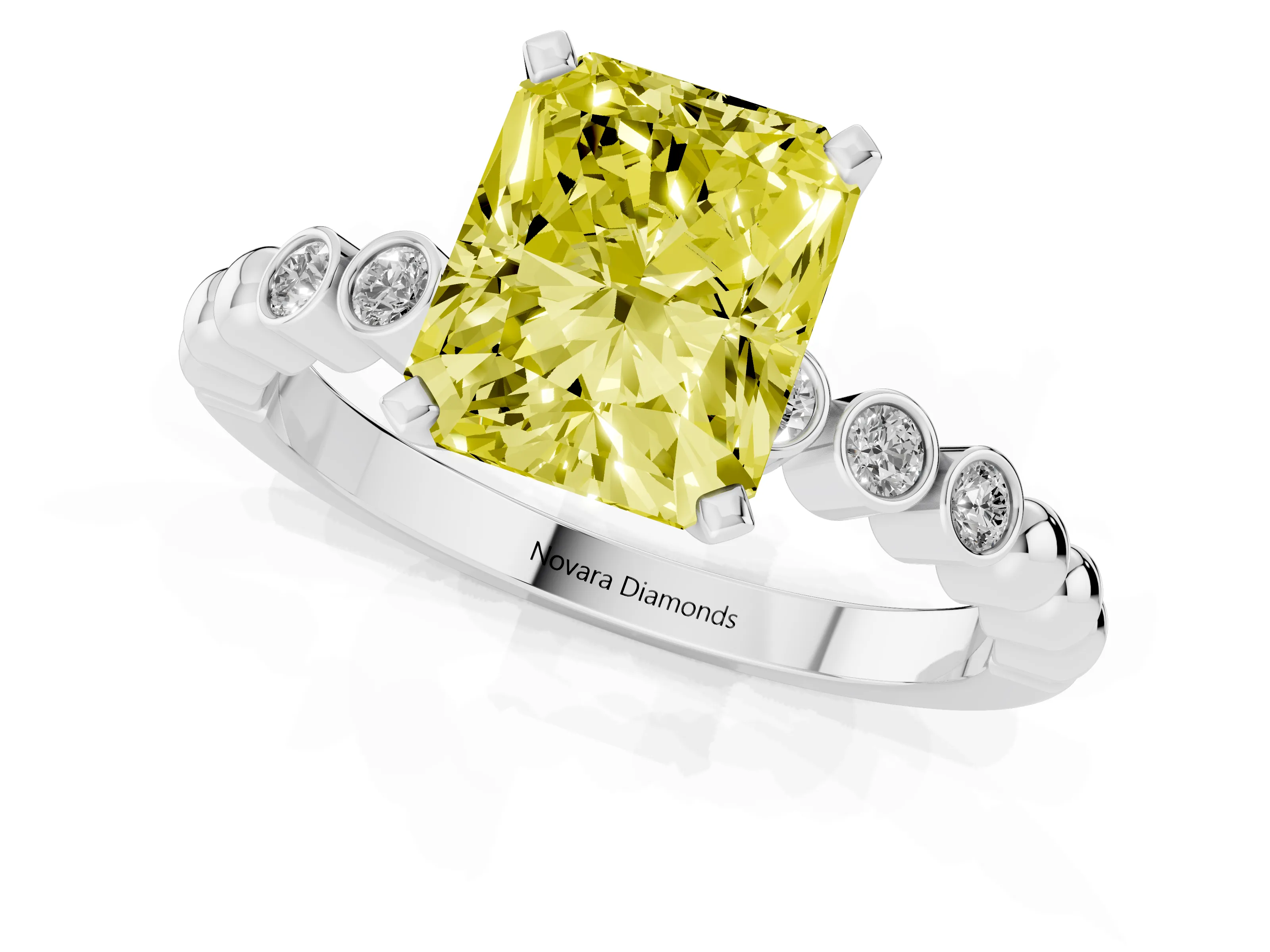 Fancy Yellow Radiant Cut Diamond Solitaire Engagement Ring Set in White gold with Bezel Accents on Beaded Band