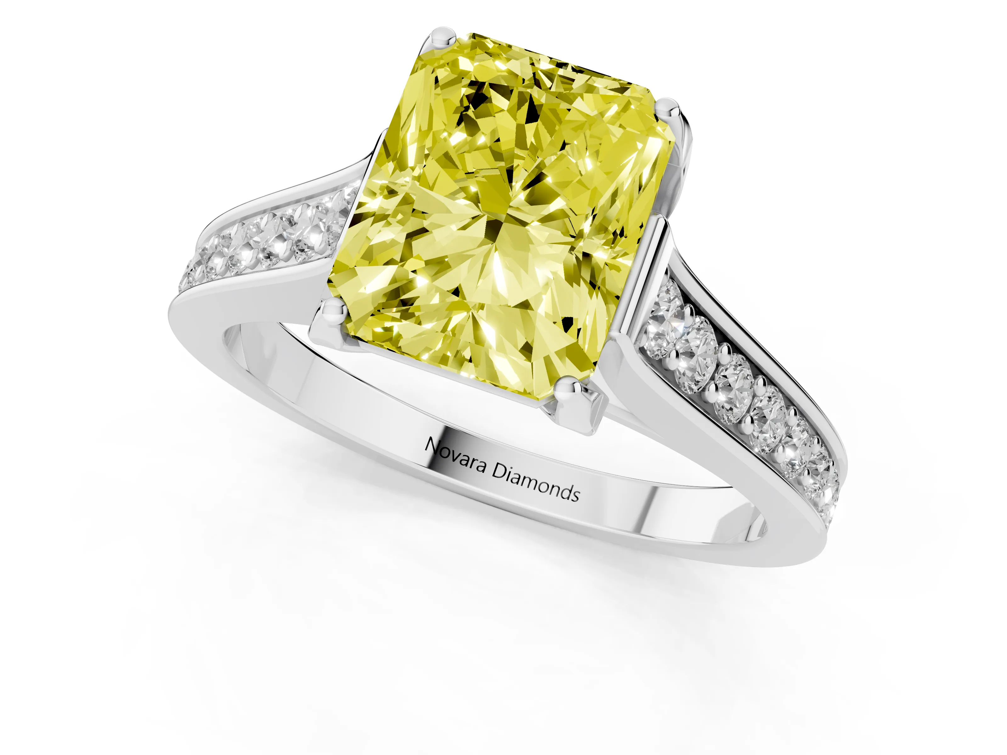 Fancy Yellow Radiant Cut Diamond Solitaire Pavé Engagement Ring Set in Platinum with Prong Setting