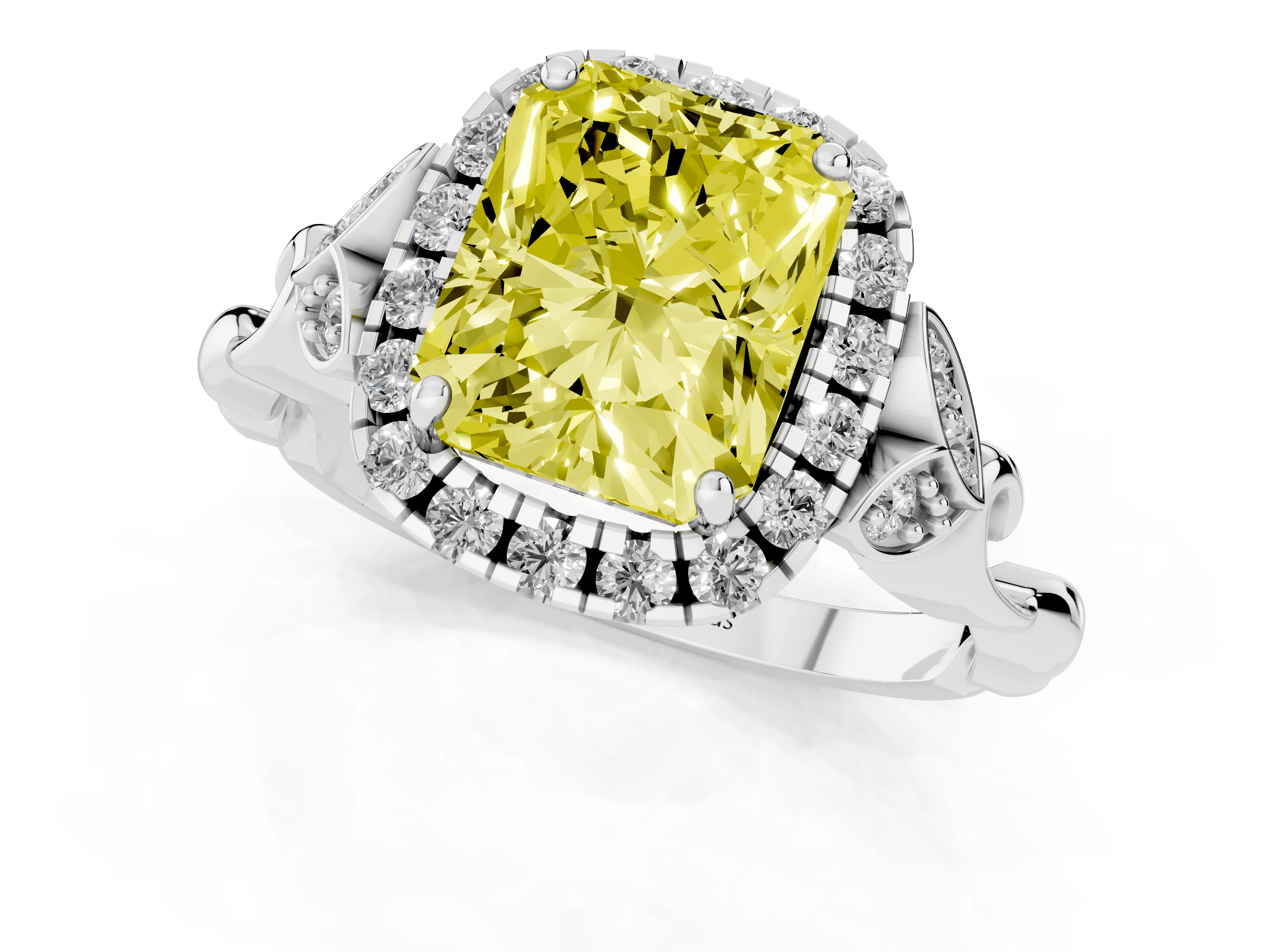 Fancy Yellow Radiant Cut Diamond Halo Engagement Ring Set in White gold with Vintage-Inspired Band and Prong Setting