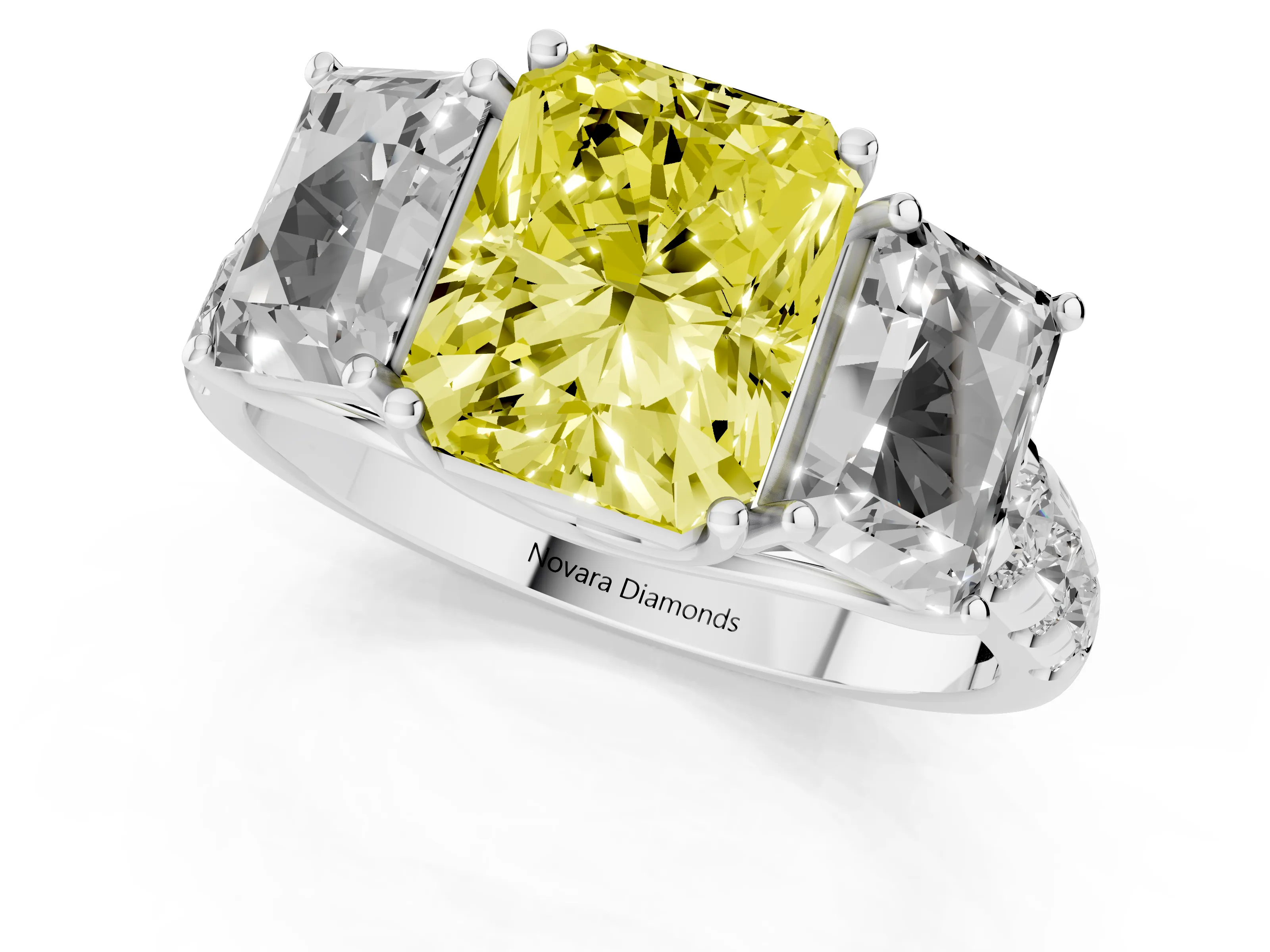 Fancy Yellow Radiant Cut Diamond Three-Stone Ring Set in Platinum with Pavé Band