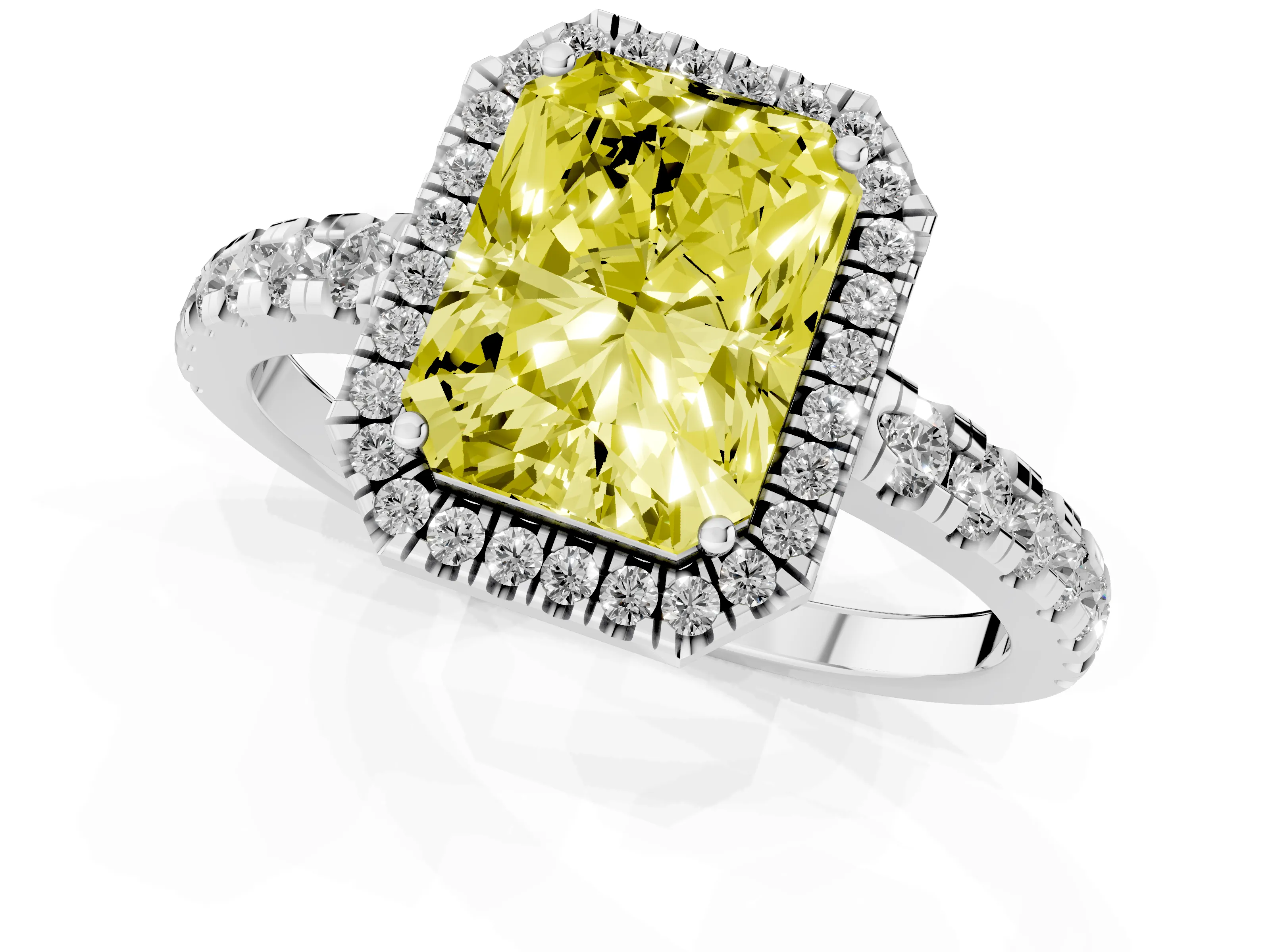 Fancy Yellow Radiant Cut Diamond Halo Ring Set in White gold with Delicate Pavé Band and Prong Setting