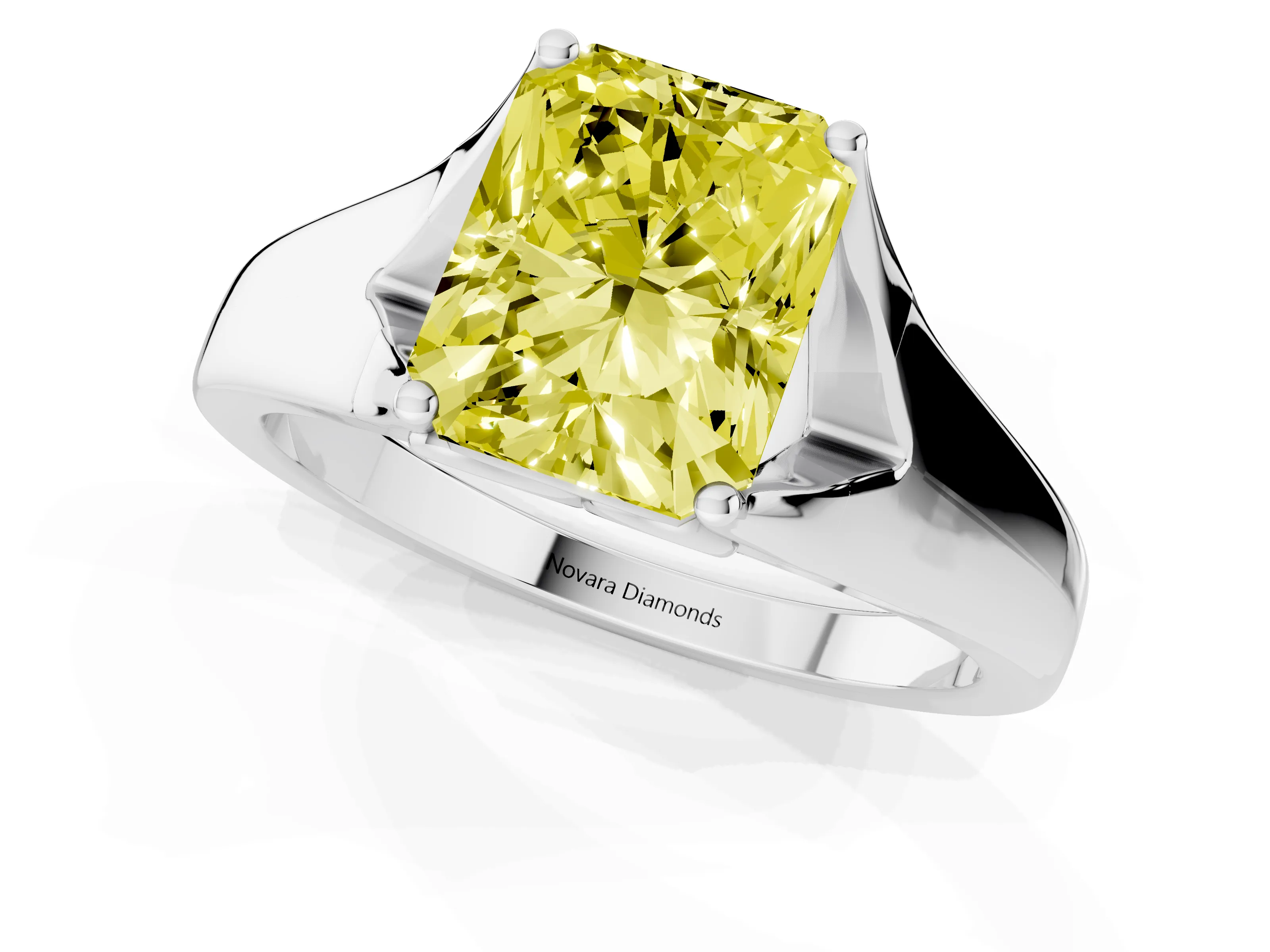 Fancy Yellow Radiant Cut Diamond Solitaire Ring Set in Silver with Arched Cathedral Band and Prong Setting