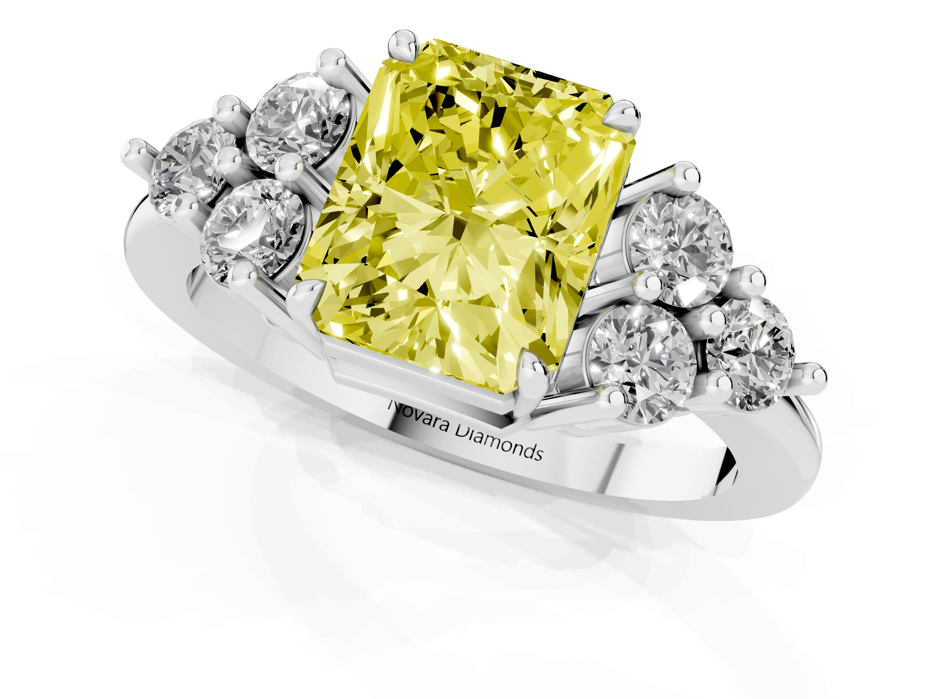 Fancy Yellow Radiant Cut Diamond Solitaire Ring Set in White gold with Cluster Accents on Each Side