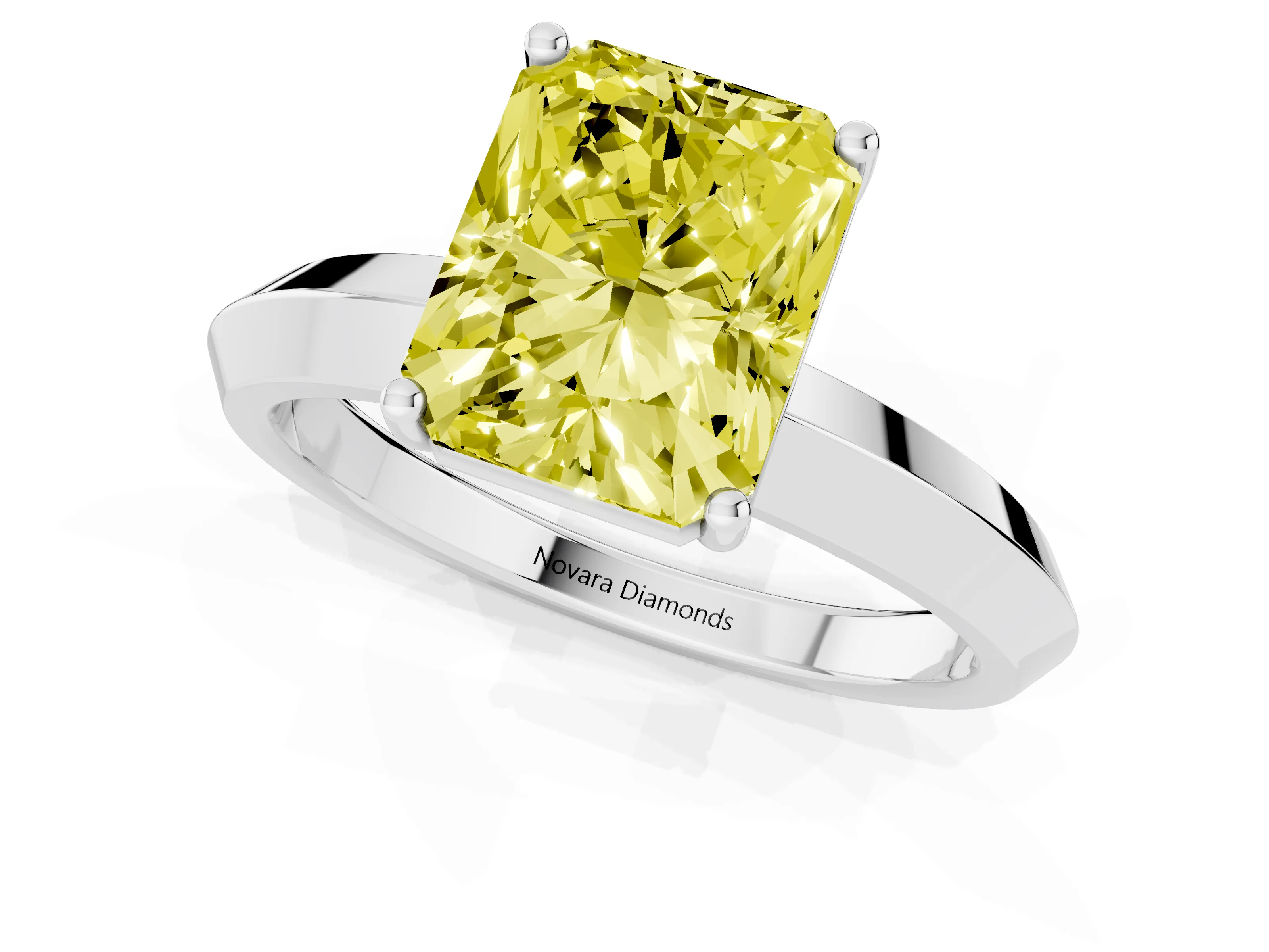 Fancy Yellow Radiant Cut Diamond Solitaire Engagement Ring Set in Silver with Flat Band and Prong Setting