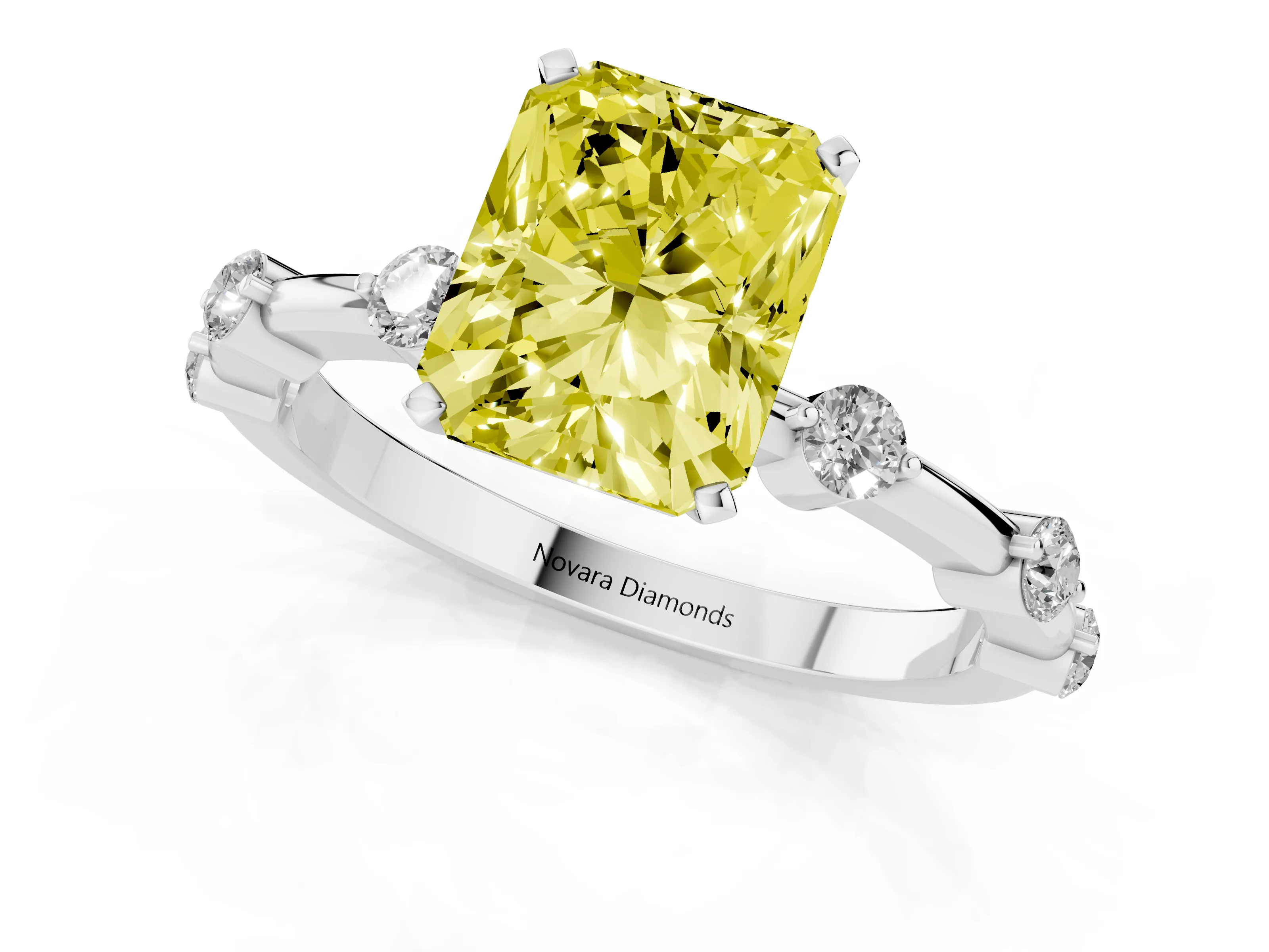 Fancy Yellow Radiant Cut Diamond Solitaire Ring Set in Silver with Bezel Set Side Stones and Prong Setting