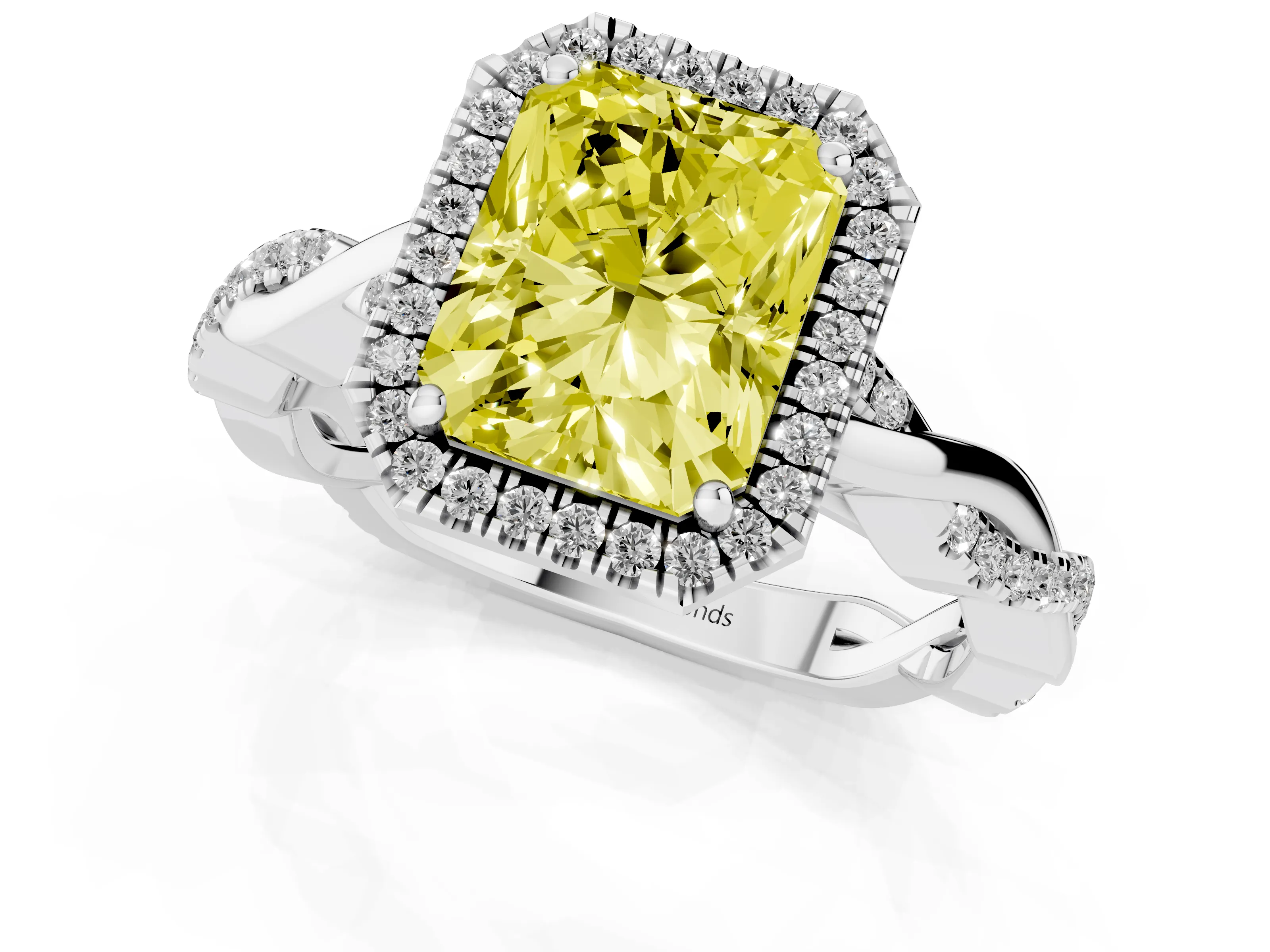 Fancy Yellow Radiant Cut Diamond Halo Twisted Band Ring Set in White gold with Prong Setting