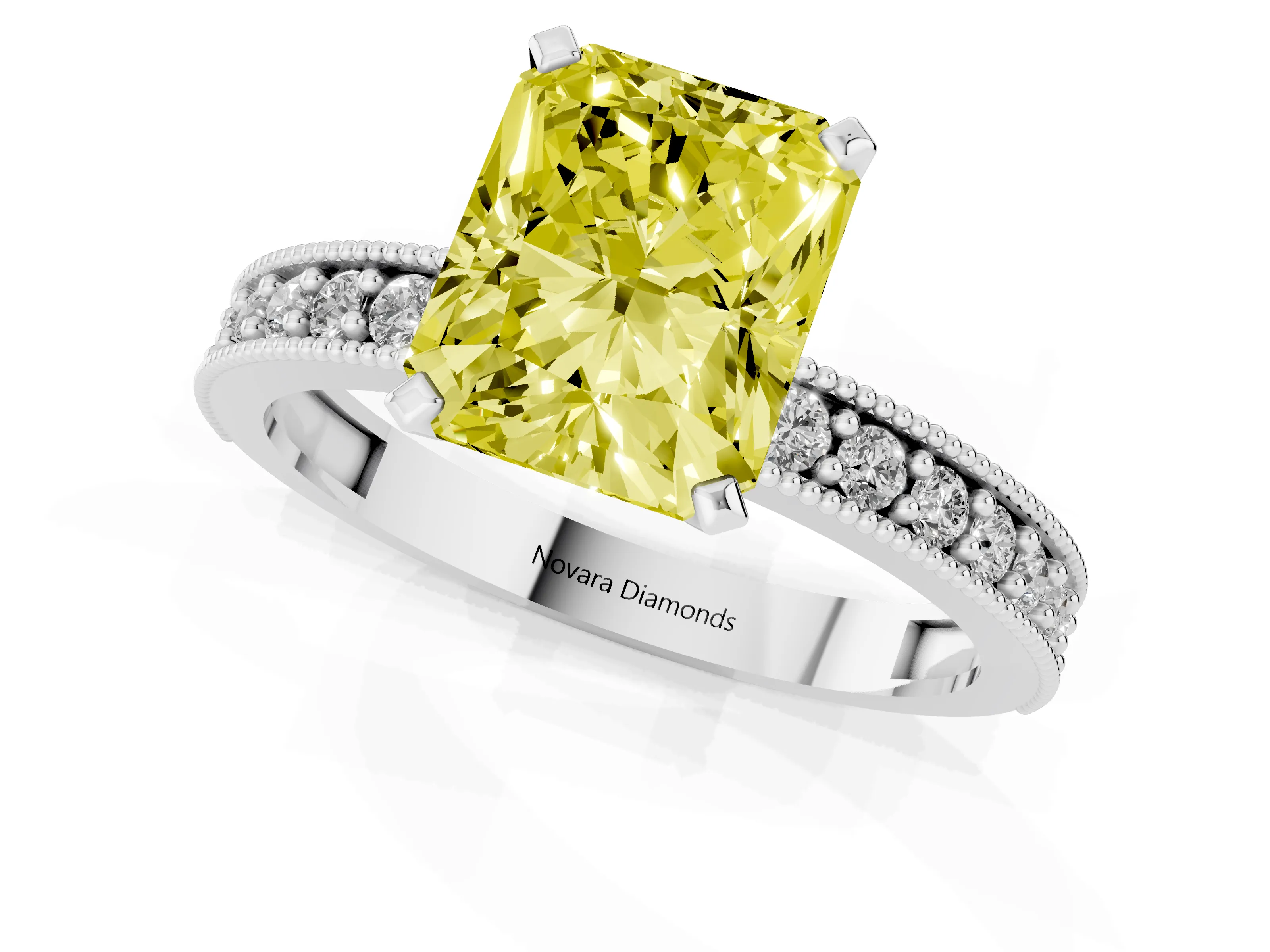 Fancy Yellow Radiant Cut Diamond Milgrain Pavé Engagement Ring Set in Silver with Prong Setting