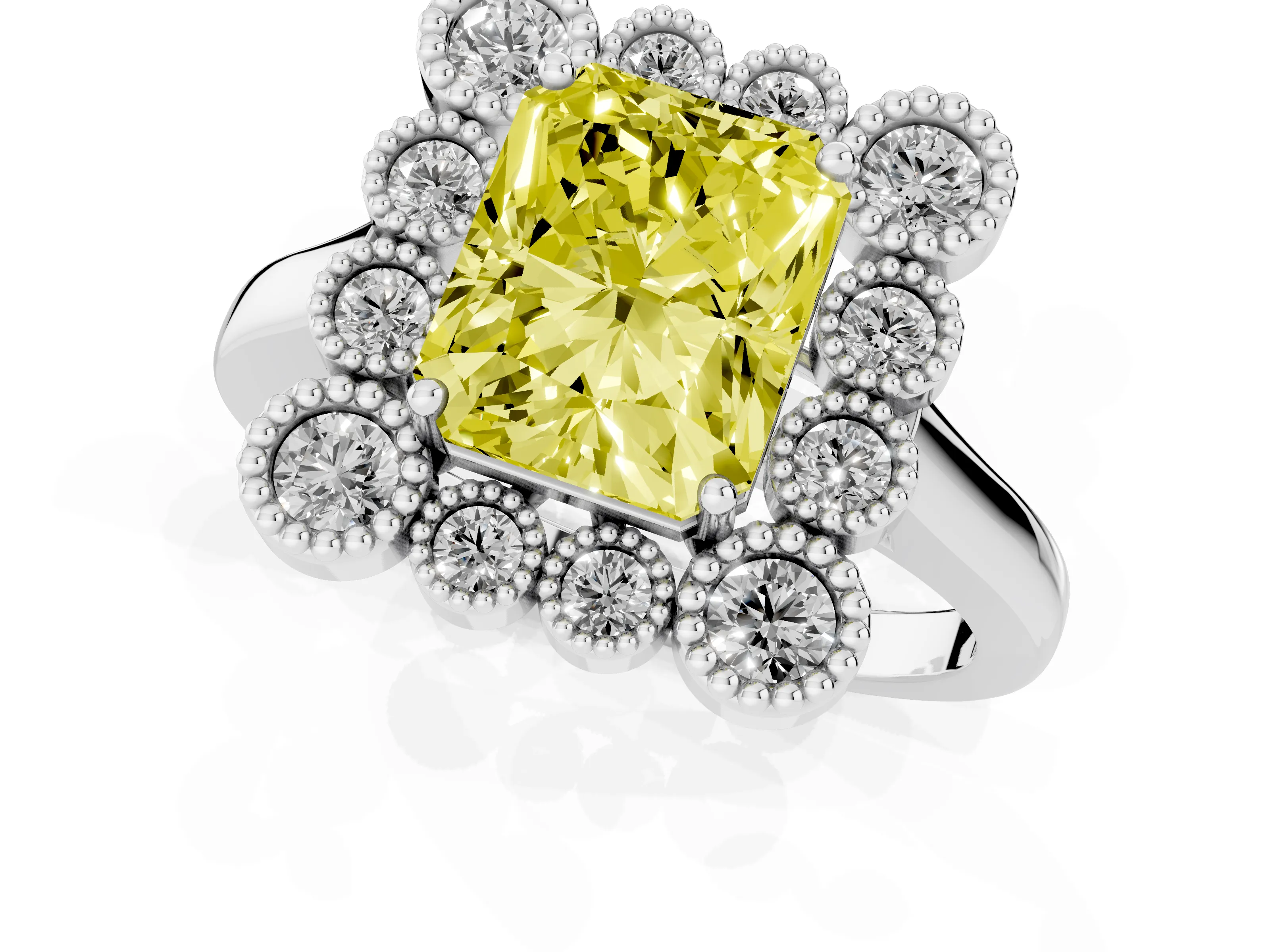 Fancy Yellow Radiant Cut Diamond Cluster Halo Ring Set in White gold with Milgrain Bezel Accents and Plain Band