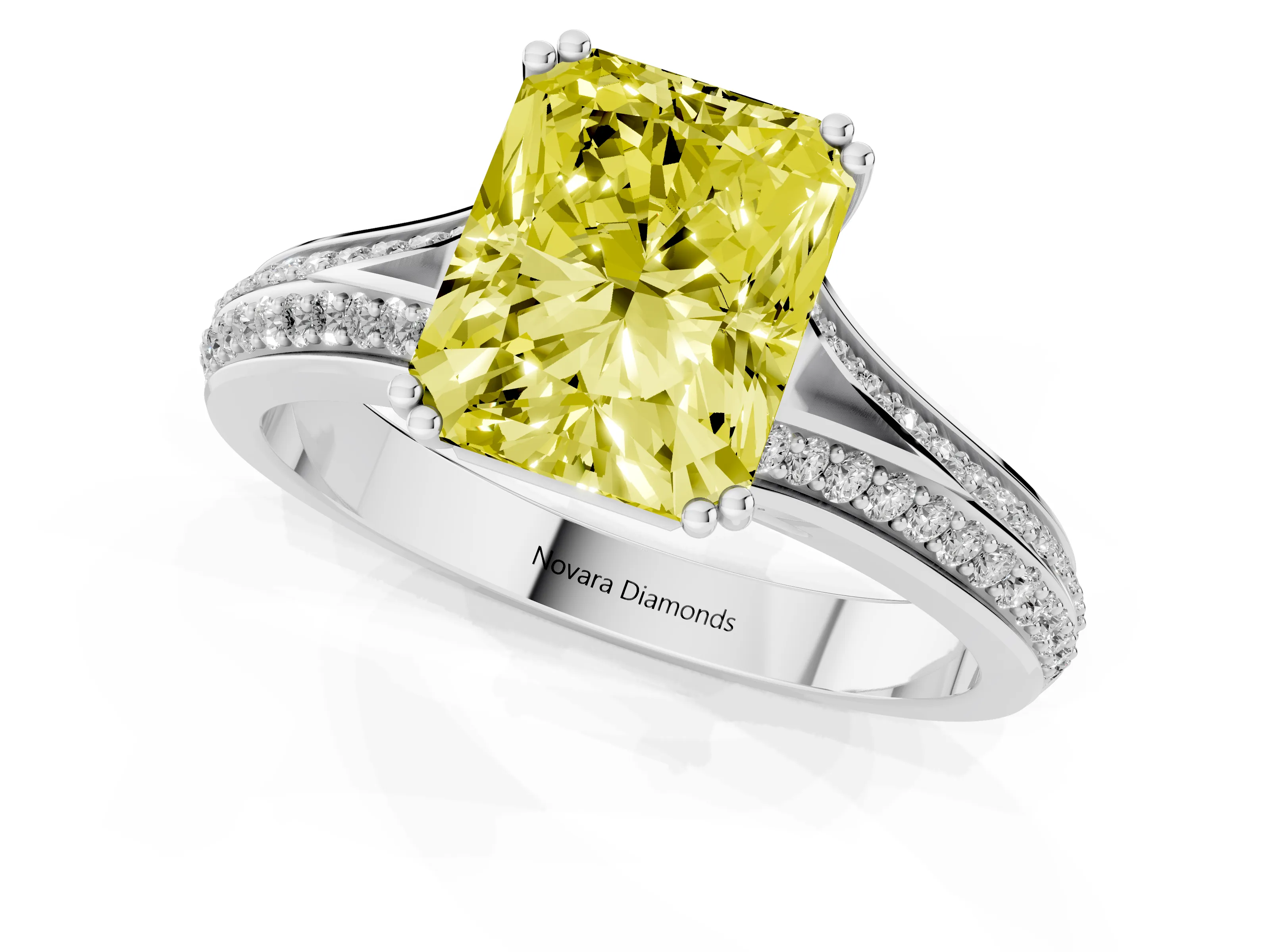 Fancy Yellow Radiant Cut Diamond Split Shank Pavé Engagement Ring Set in Platinum with Prong-Set Center Stone