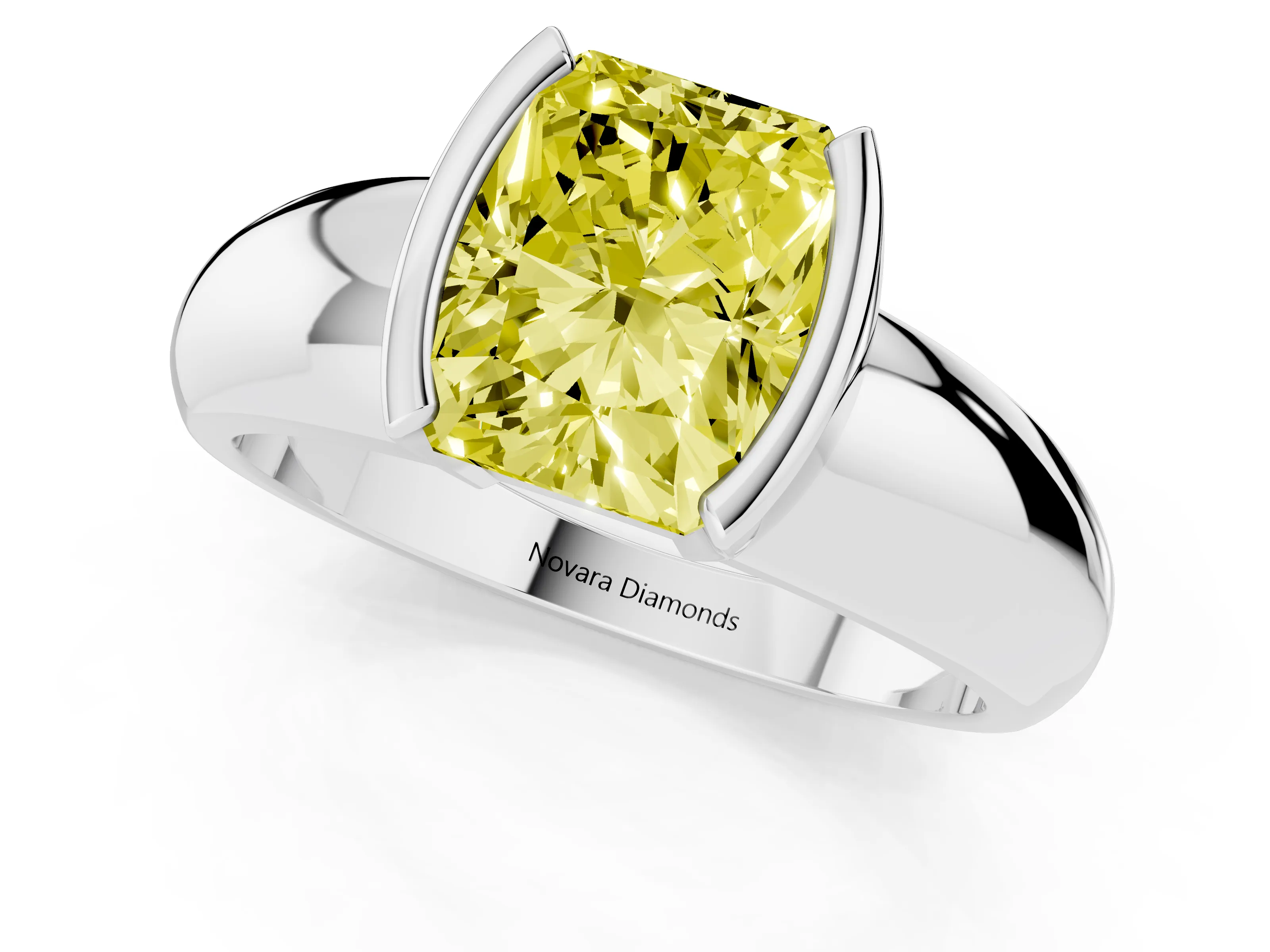 Fancy Yellow Radiant Cut Diamond Solitaire Tension Set Ring Set in White gold with Wide Band