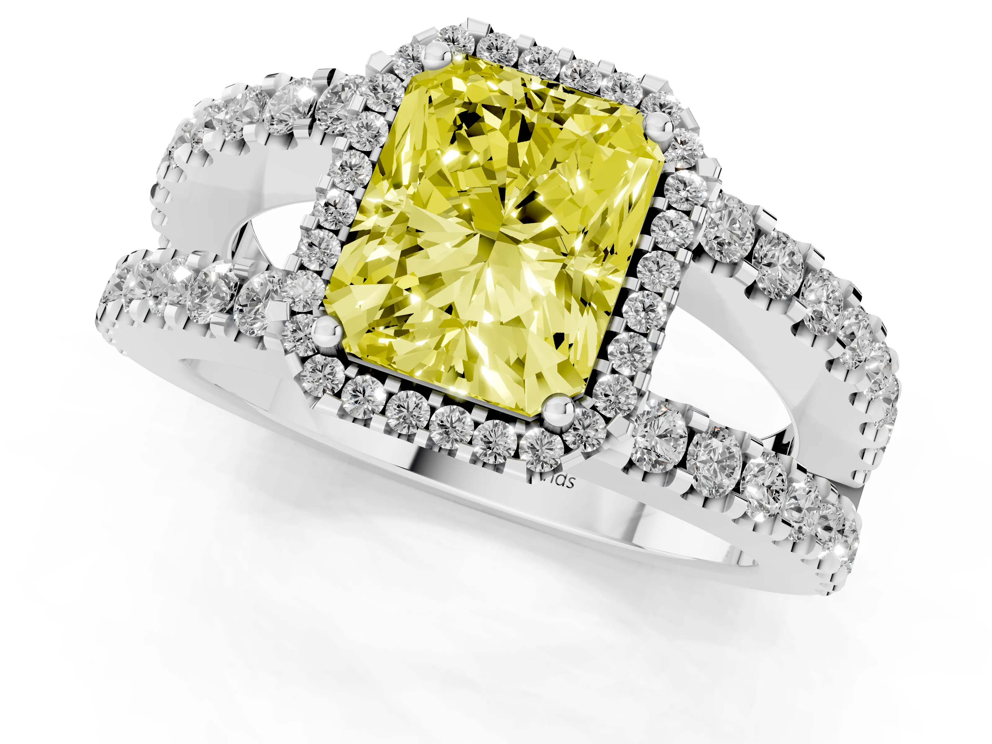 Fancy Yellow Radiant Cut Diamond Halo Ring Set in Silver with Pavé Split Shank and Prong Setting
