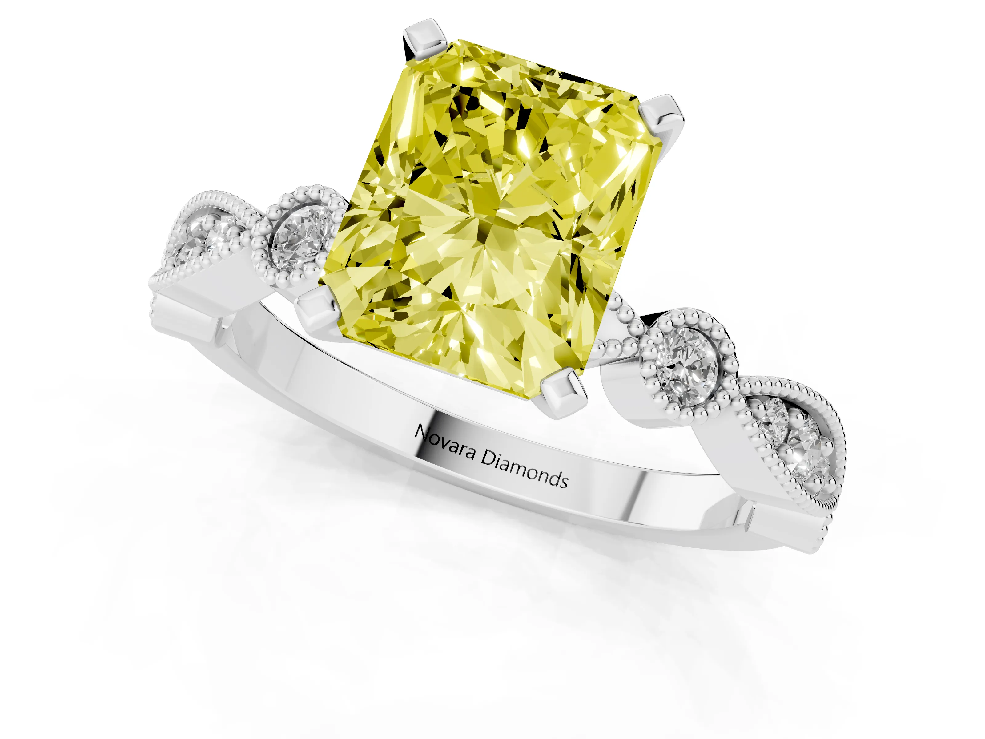 Fancy Yellow Radiant Cut Diamond Solitaire Engagement Ring Set in White gold with Milgrain Bezel Accent Band