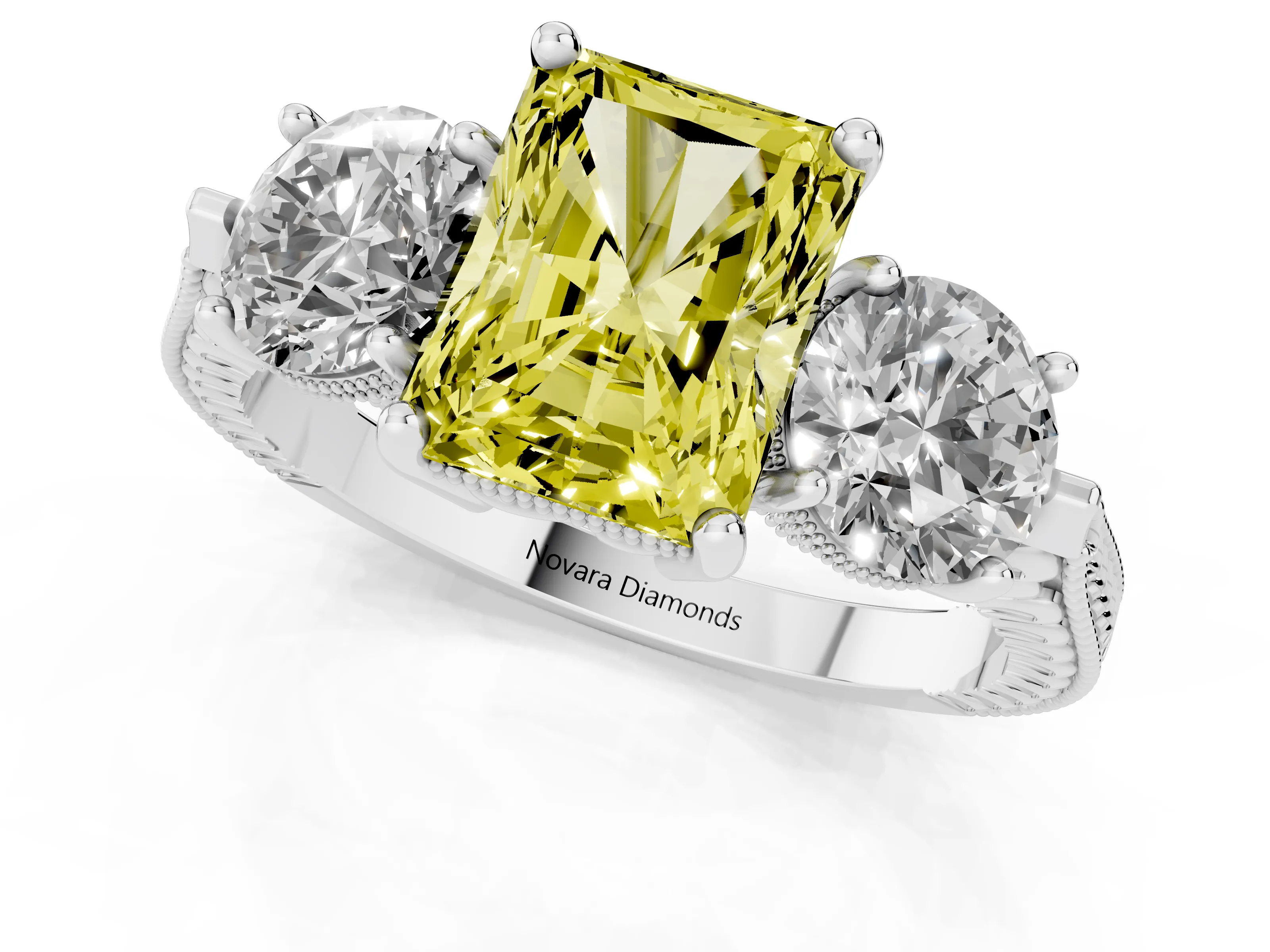 Fancy Yellow Radiant Cut Diamond Three-Stone Ring Set in Silver with Milgrain Band
