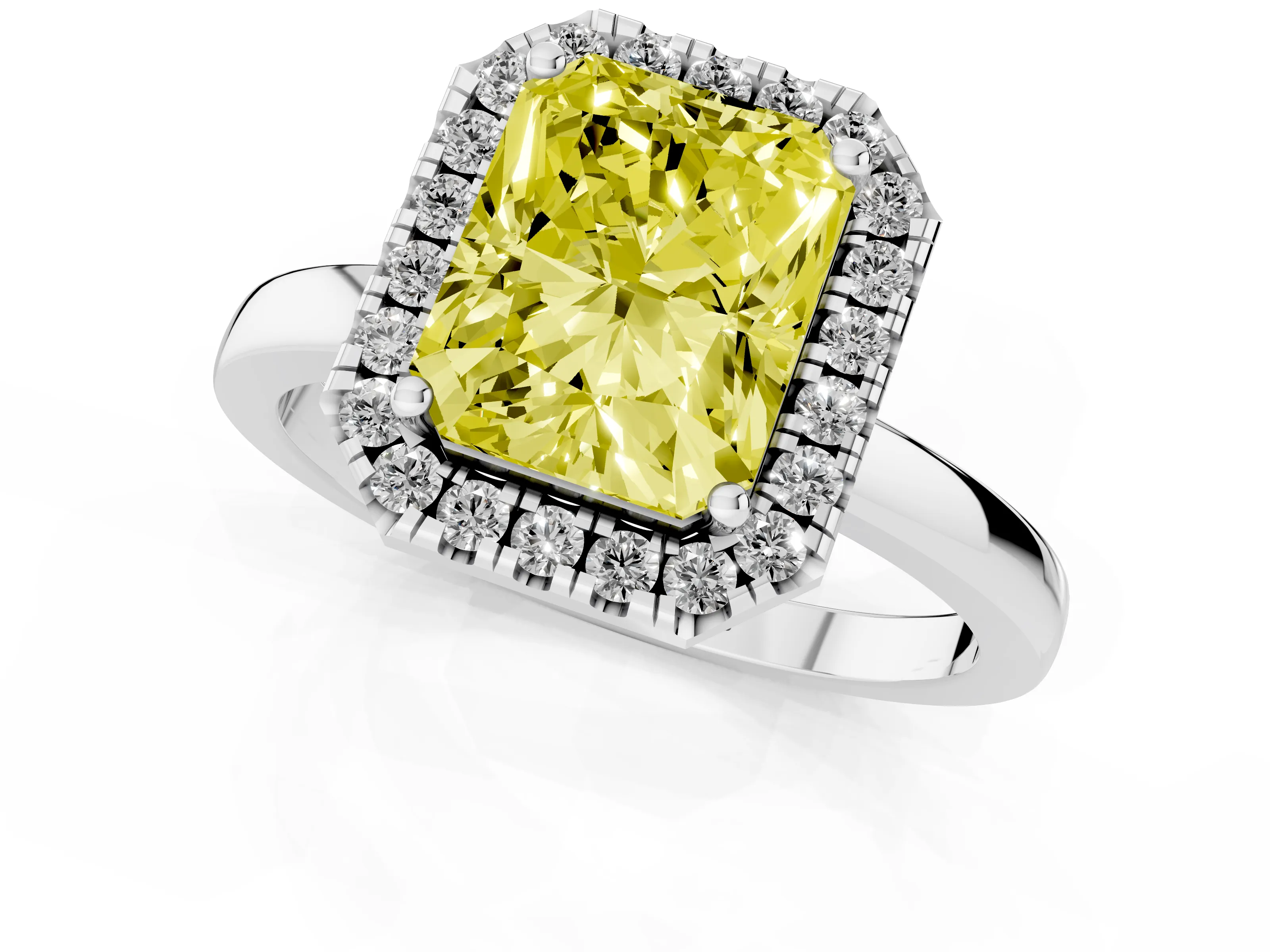 Fancy Yellow Radiant Cut Diamond Halo Solitaire Ring Set in Platinum with Pavé Band and Prong Setting