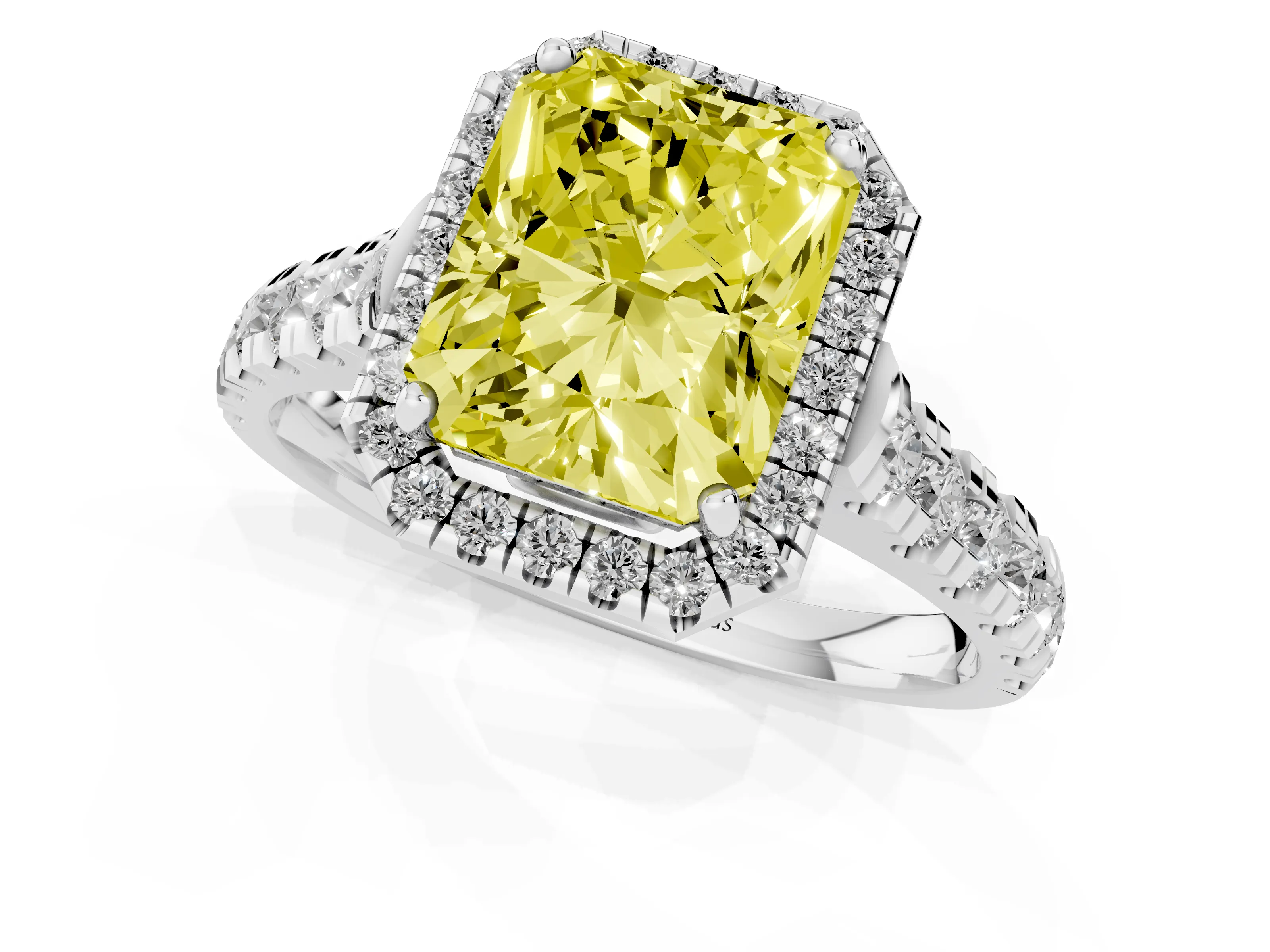 Fancy Yellow Radiant Cut Diamond Halo Engagement Ring Set in White gold with Pavé Band and Prong-Set Center