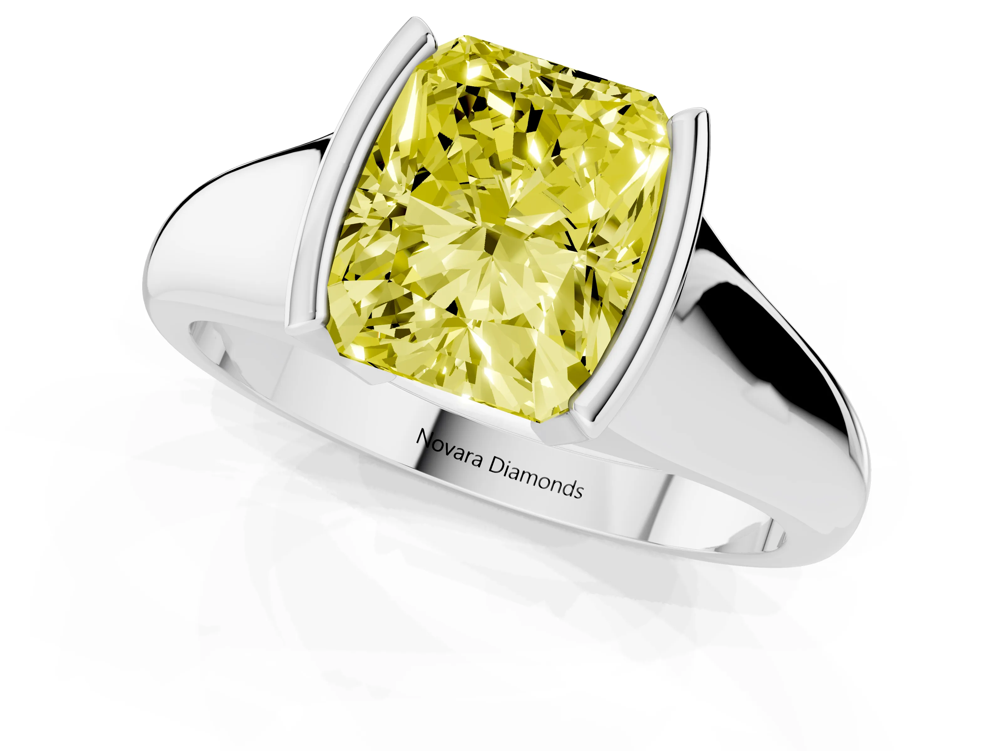 Fancy Yellow Radiant Cut Diamond Solitaire Tension Set Ring Set in White gold with Split Shank Band