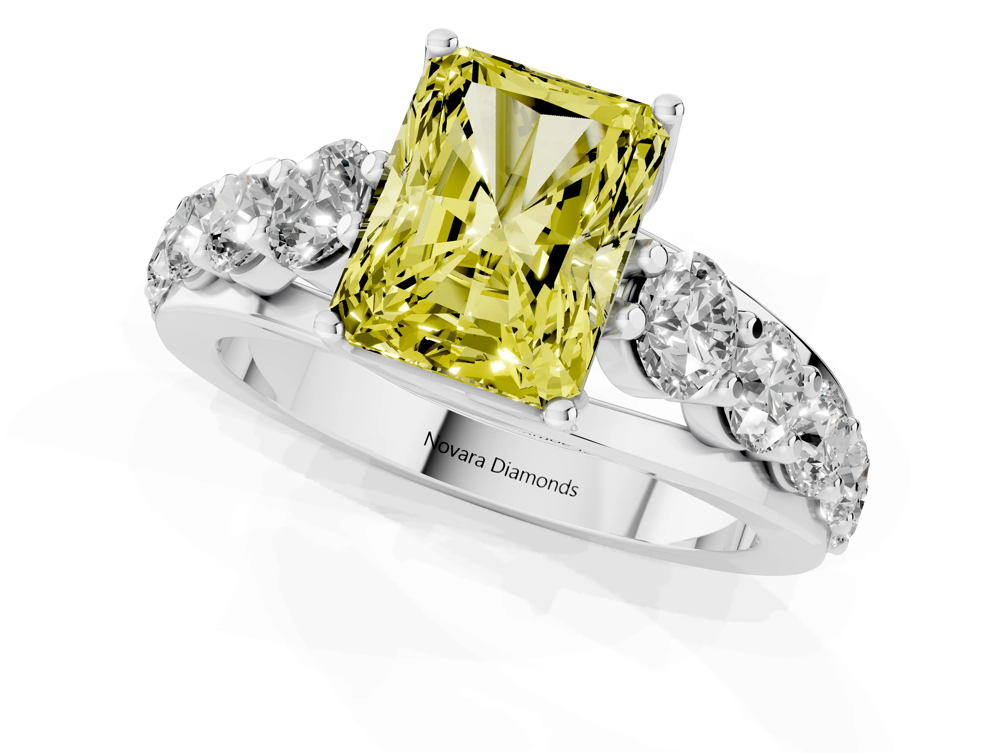Fancy Yellow Radiant Cut Diamond Pavé Engagement Ring Set in Silver with Prong Setting